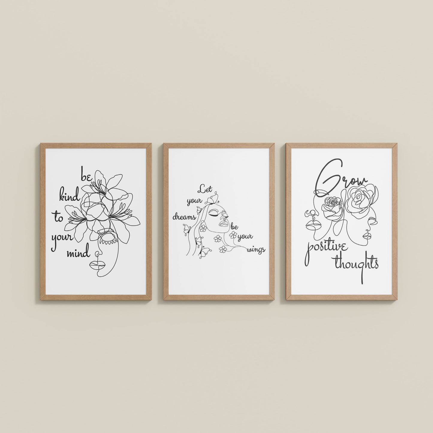 Wall View of Grow Positive – Line Art Inspiration Set of 3 Frame in Natrual Color Frame