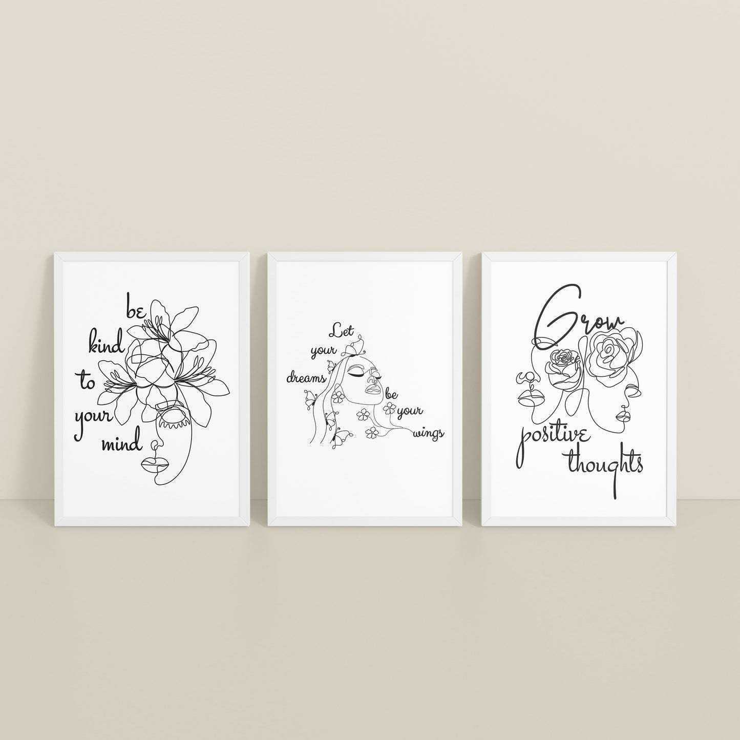 Inclined Floor View of Grow Positive – Line Art Inspiration Set of 3 Frame in White Color Frame