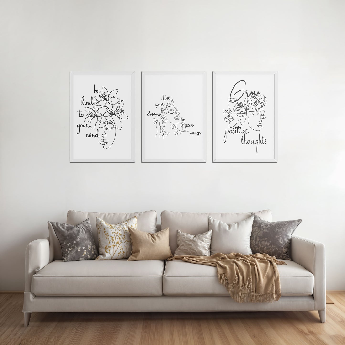 Living Room Sofa Preview of Grow Positive – Line Art Inspiration Set of 3 Frame in White Color Frame