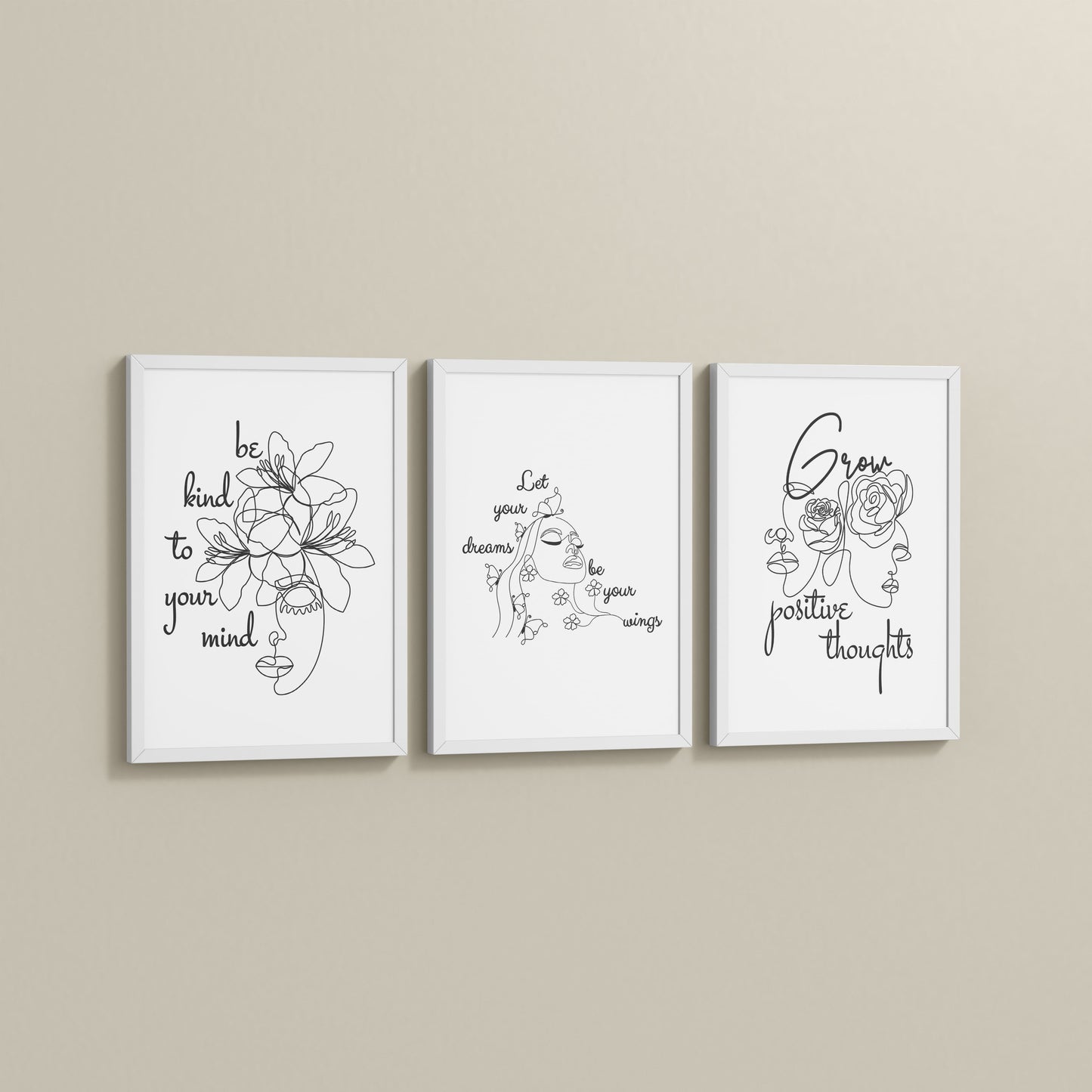 Side View of Grow Positive – Line Art Inspiration Set of 3 Frame in White Color Frame