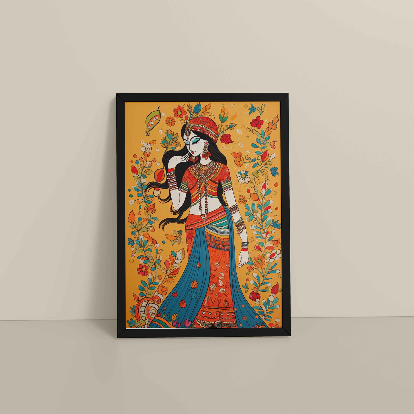 Floor View of Graceful Lady – Traditional Madhubani Painting for Wall Decor in Black Color Frame