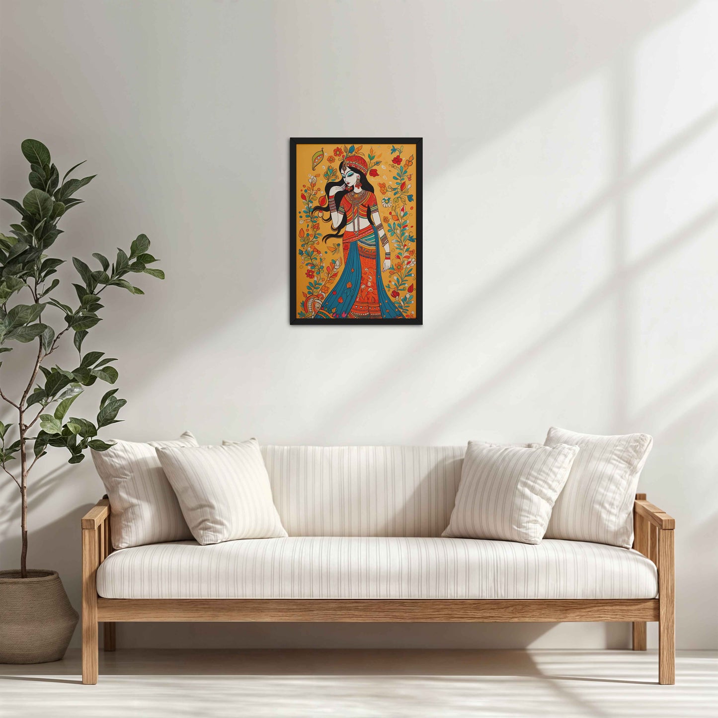 Living Room Cabinet Table Preview of Graceful Lady – Traditional Madhubani Painting for Wall Decor in Black Color Frame