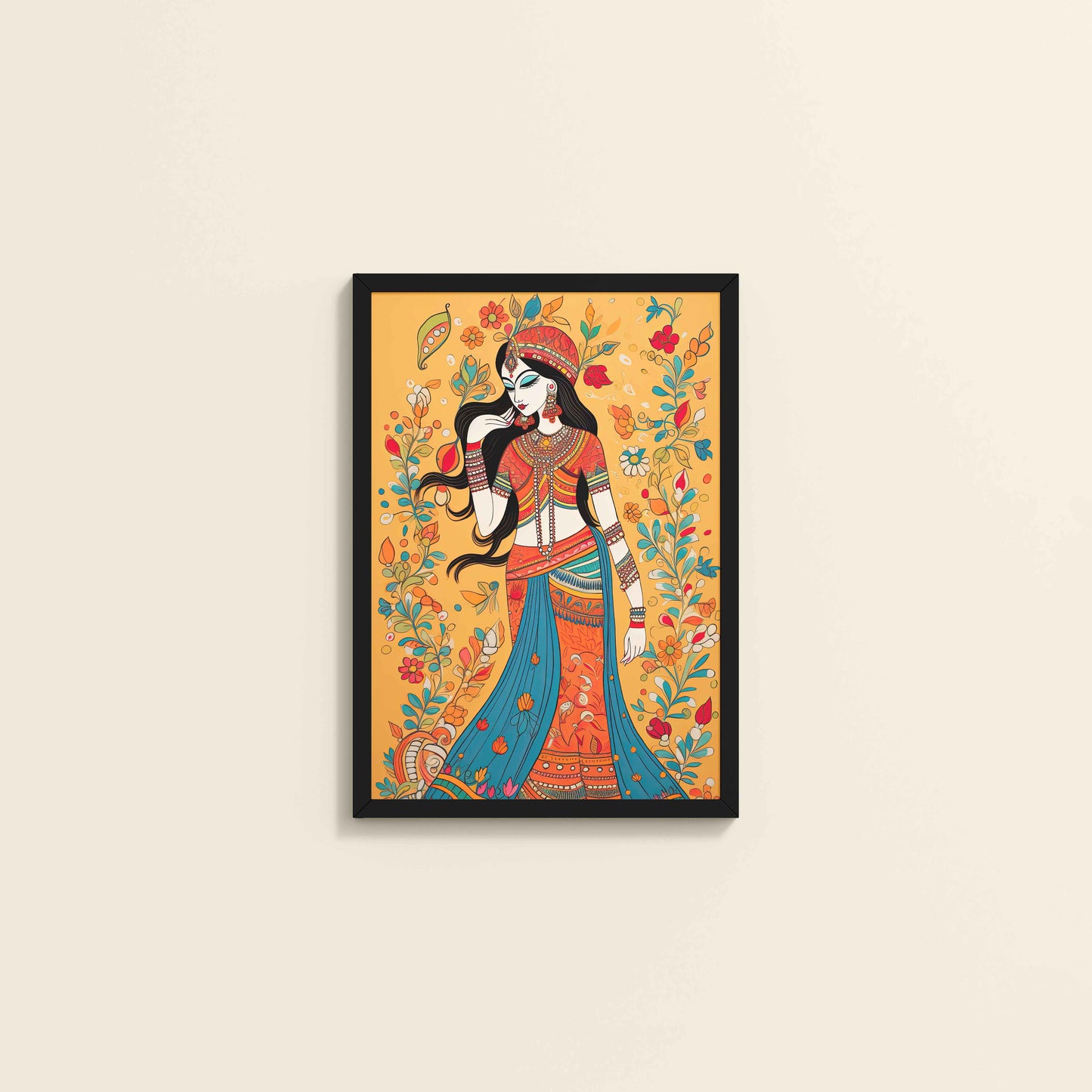 Wall View of Graceful Lady – Traditional Madhubani Painting for Wall Decor in Black Color Frame