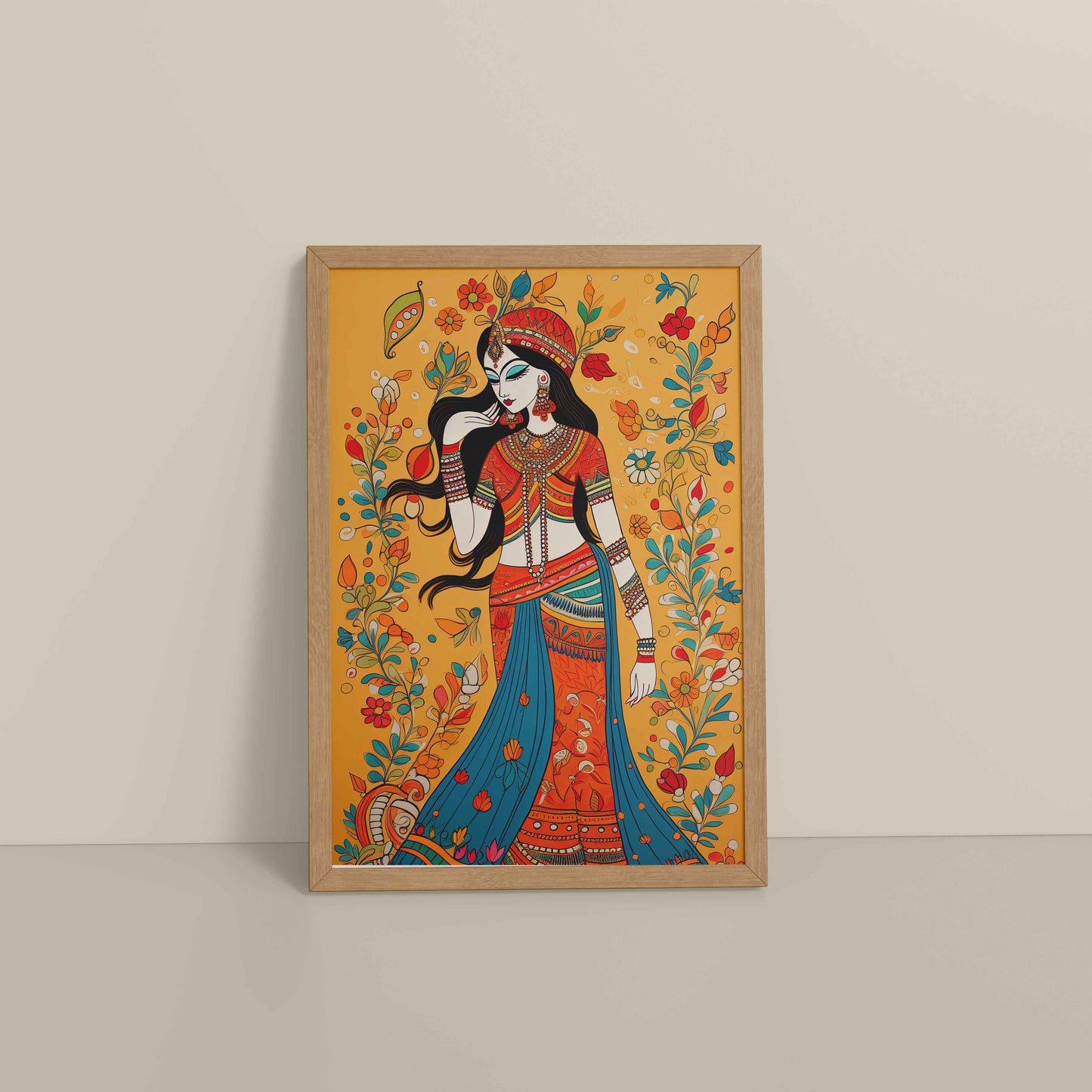Floor View of Graceful Lady – Traditional Madhubani Painting for Wall Decor in Natrual Color Frame