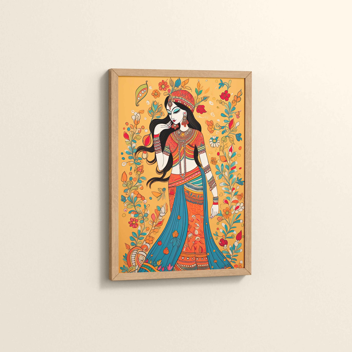 Side View of Graceful Lady – Traditional Madhubani Painting for Wall Decor in Natrual Color Frame