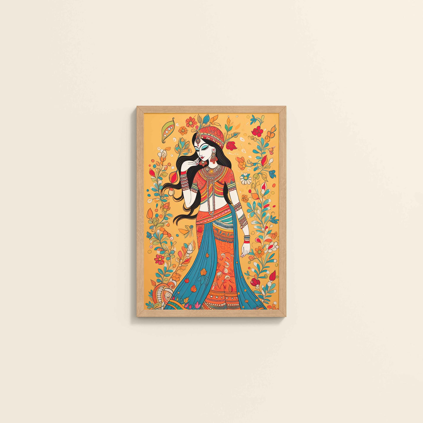 Wall View of Graceful Lady – Traditional Madhubani Painting for Wall Decor in Natrual Color Frame