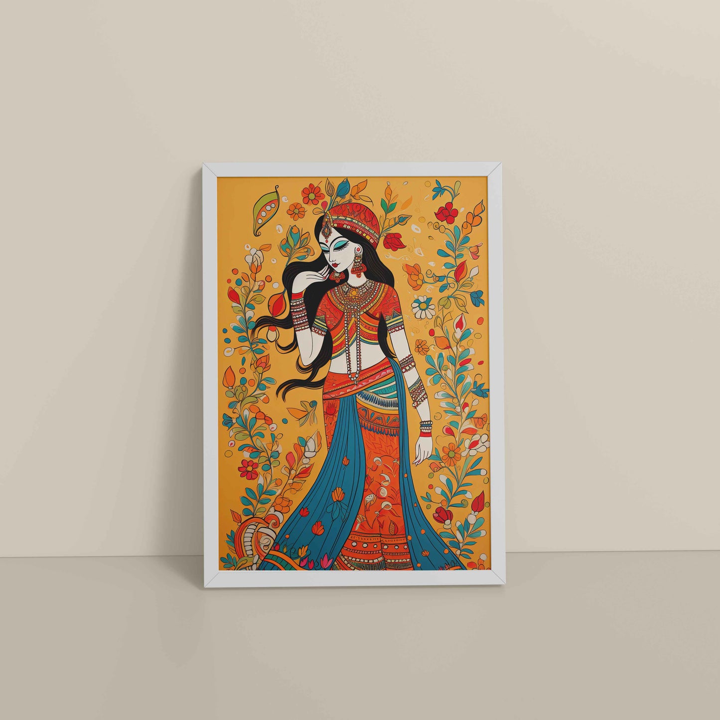 Floor View of Graceful Lady – Traditional Madhubani Painting for Wall Decor in White Color Frame