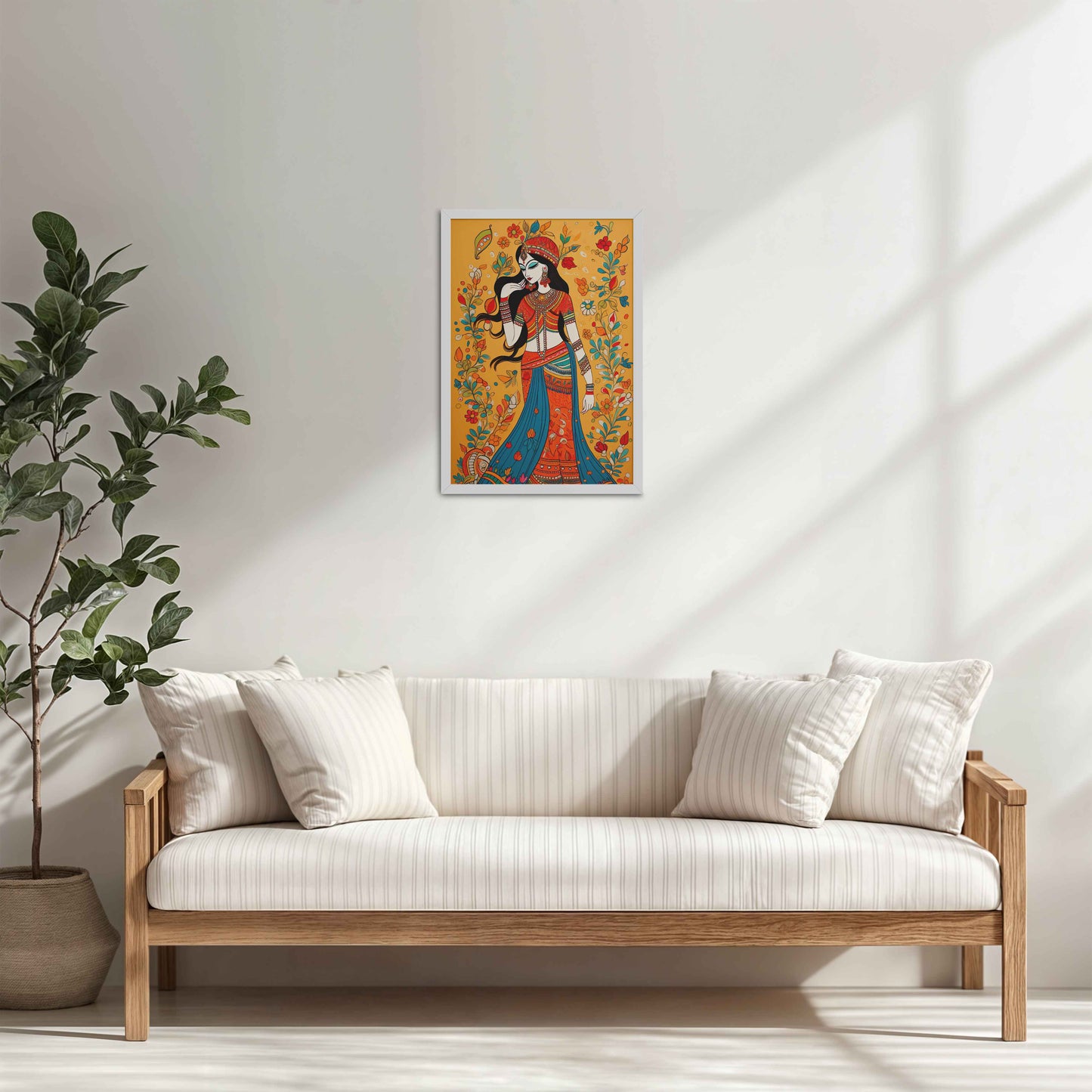 Living Room Cabinet Table Preview of Graceful Lady – Traditional Madhubani Painting for Wall Decor in White Color Frame