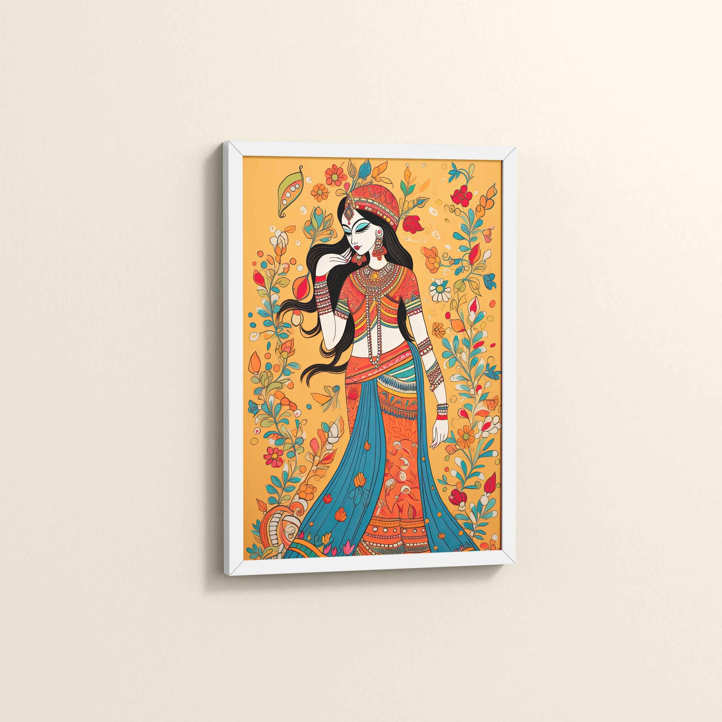 Side View of Graceful Lady – Traditional Madhubani Painting for Wall Decor in White Color Frame