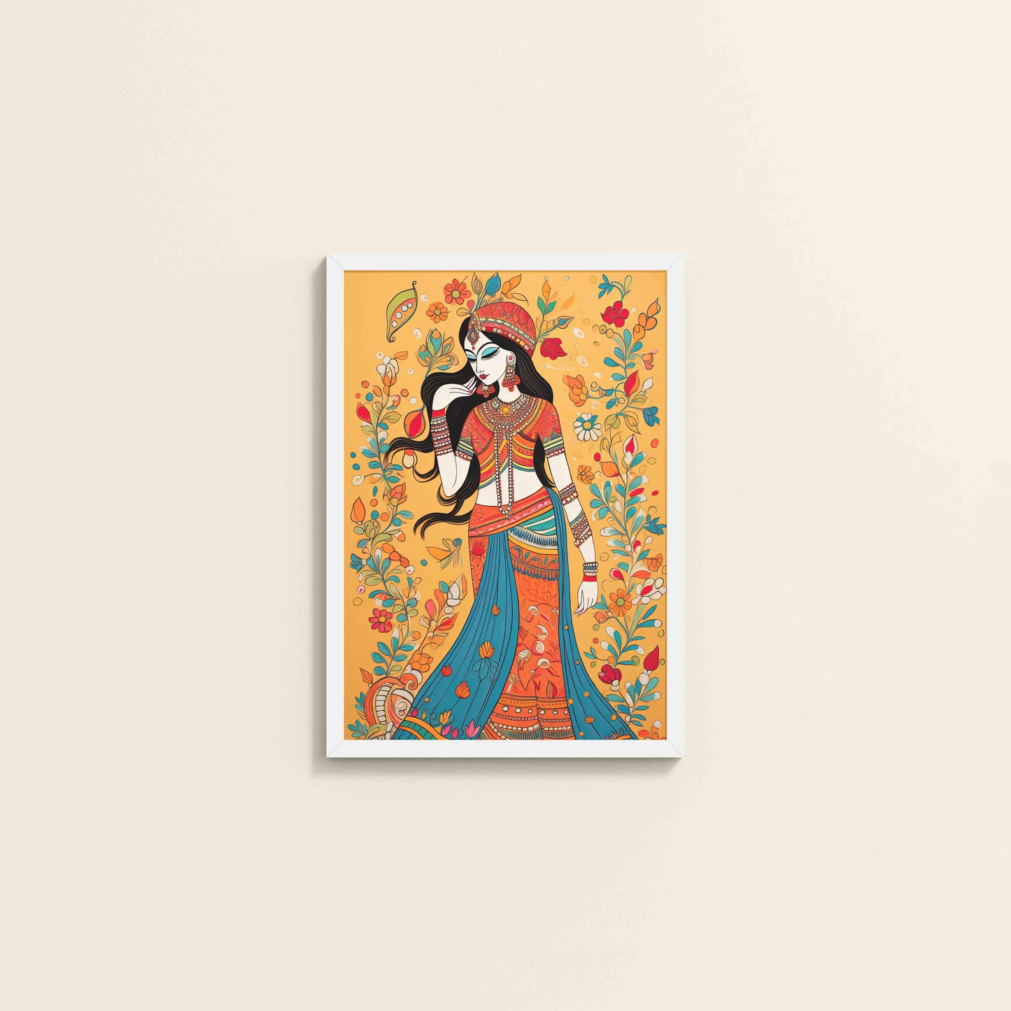 Wall View of Graceful Lady – Traditional Madhubani Painting for Wall Decor in White Color Frame
