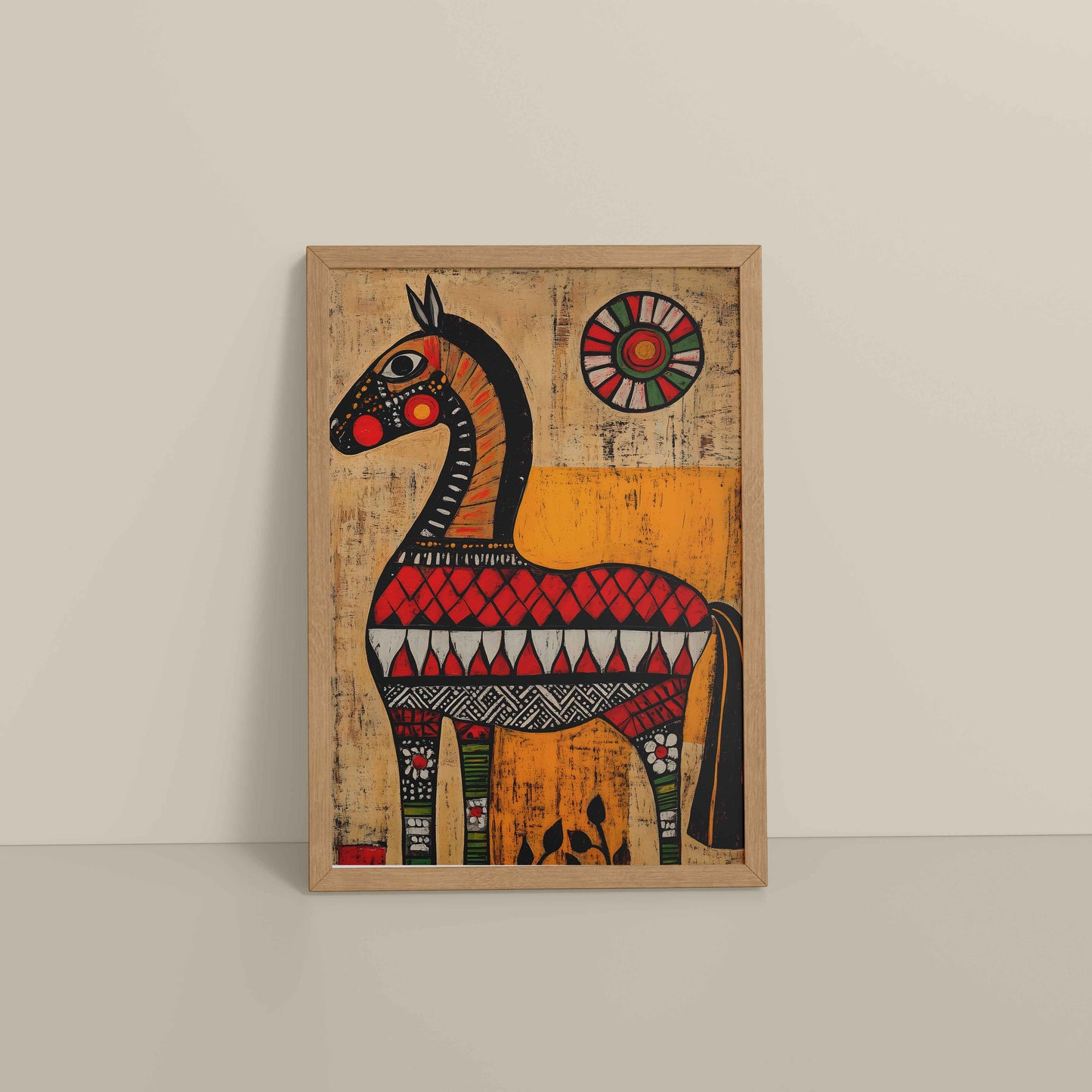 Floor View of Elegant Indian Folk Horse – Madhubani Art for Wall Decor in Natrual Color Frame