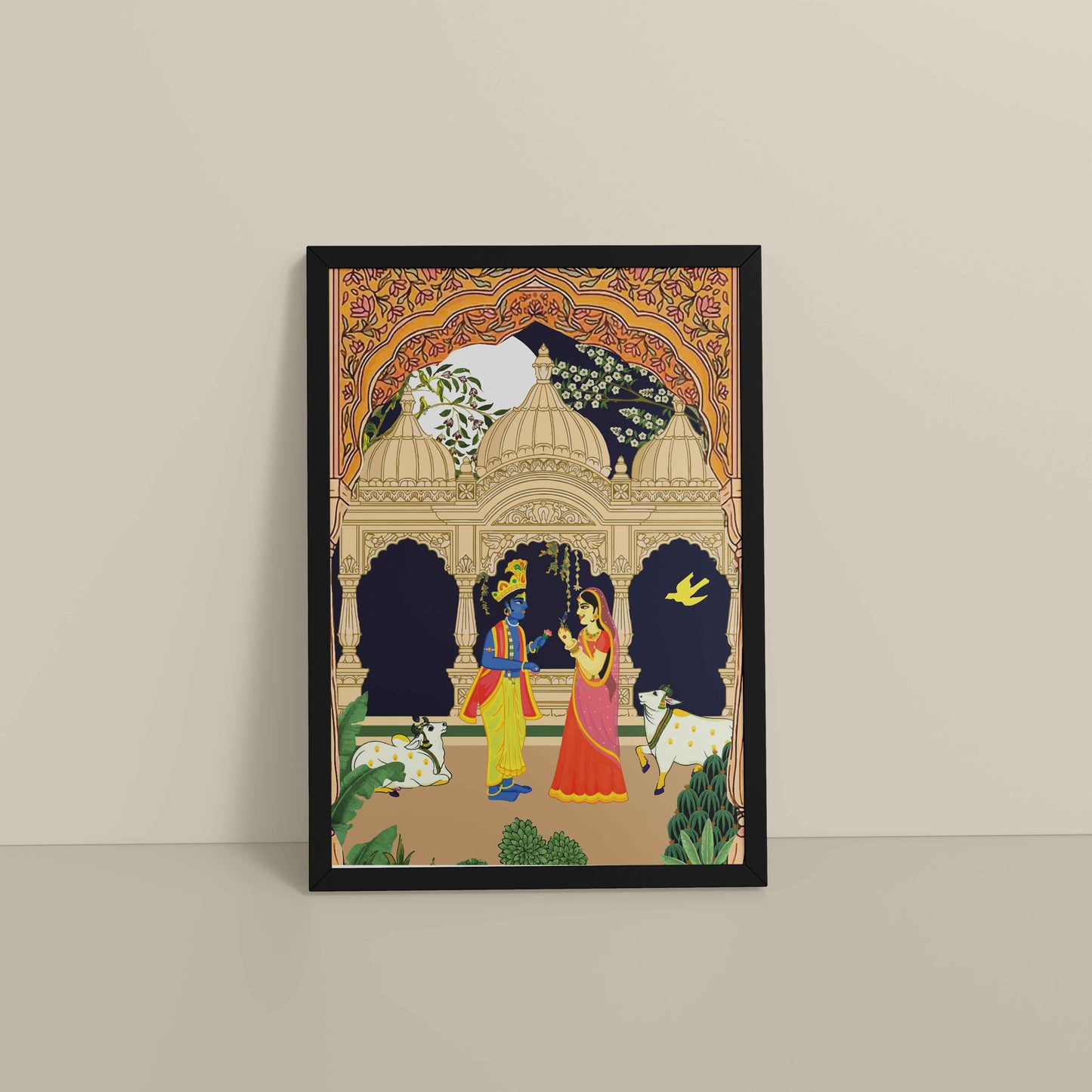 Floor View of Radha Krishna in Royal Courtyard - Madhubani Art Frame in Black Color Frame