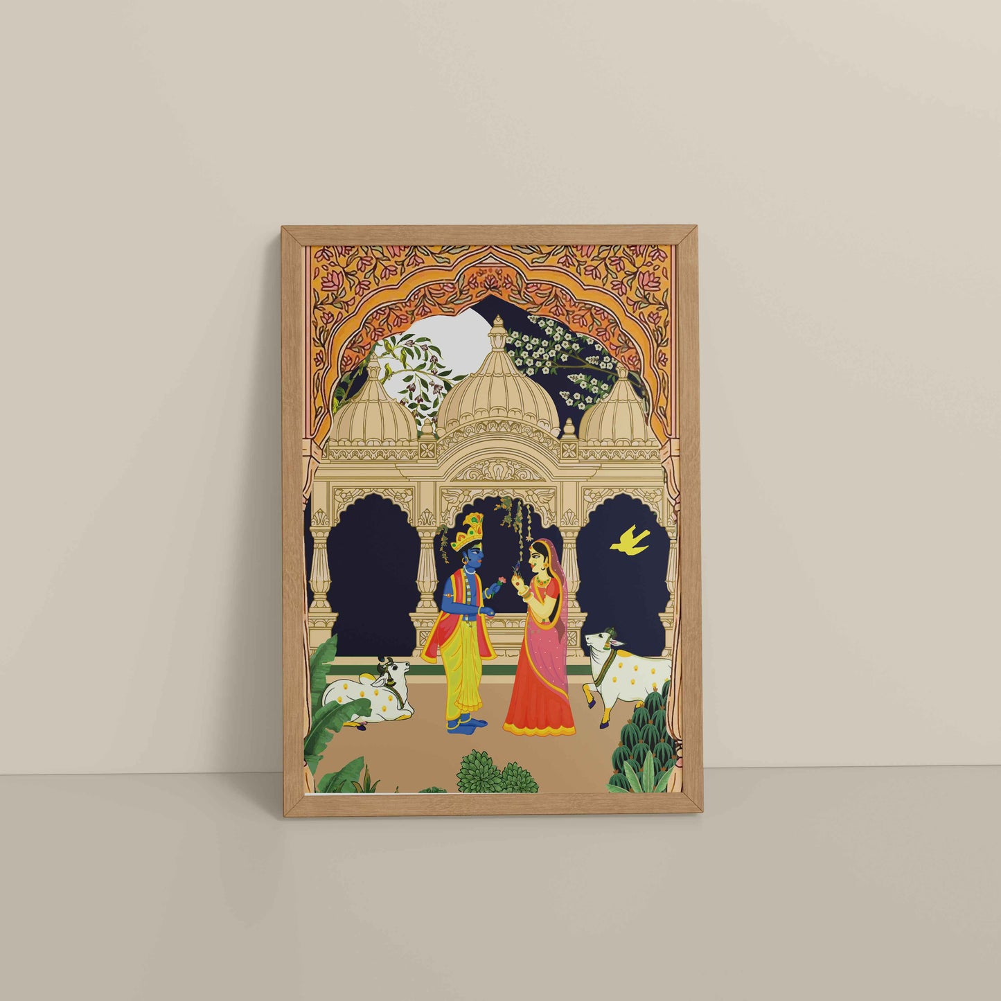 Floor View of Radha Krishna in Royal Courtyard - Madhubani Art Frame in Natrual Color Frame
