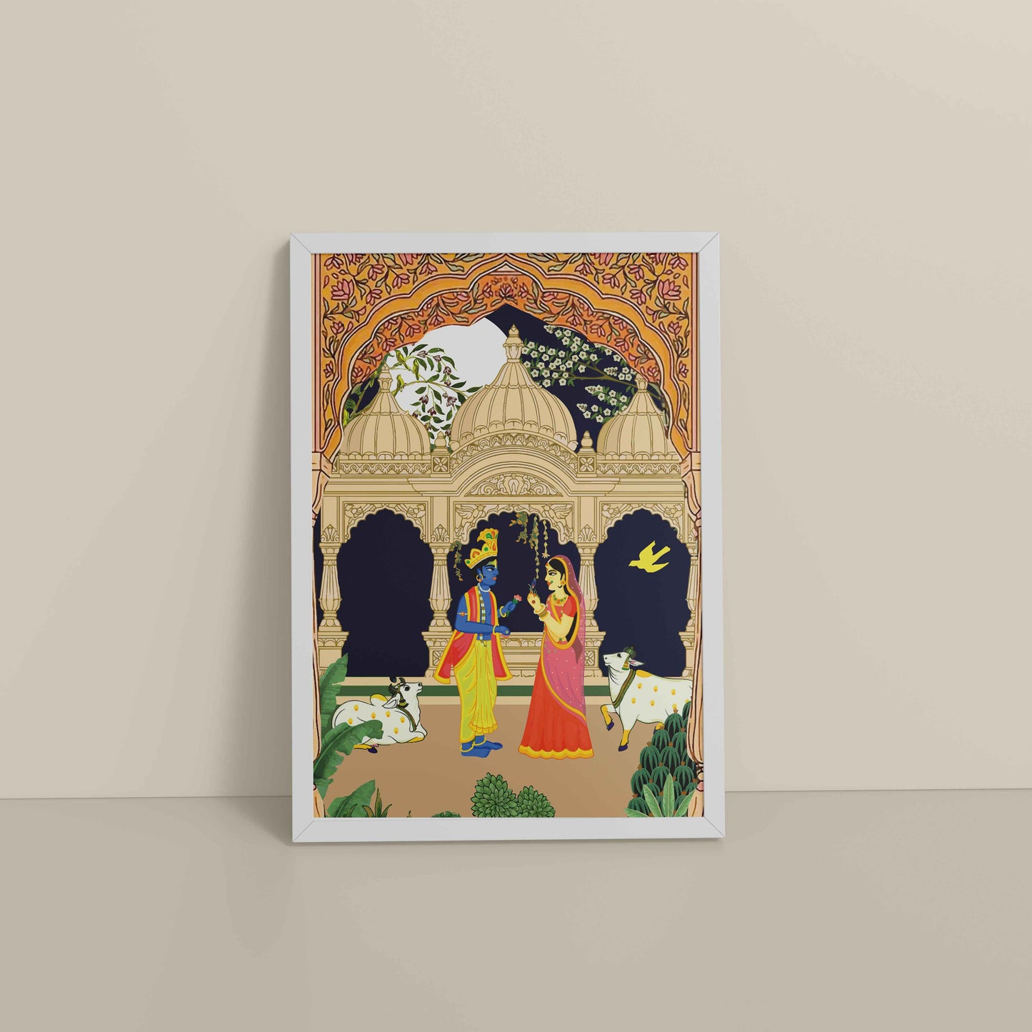 Floor View of Radha Krishna in Royal Courtyard - Madhubani Art Frame in White Color Frame