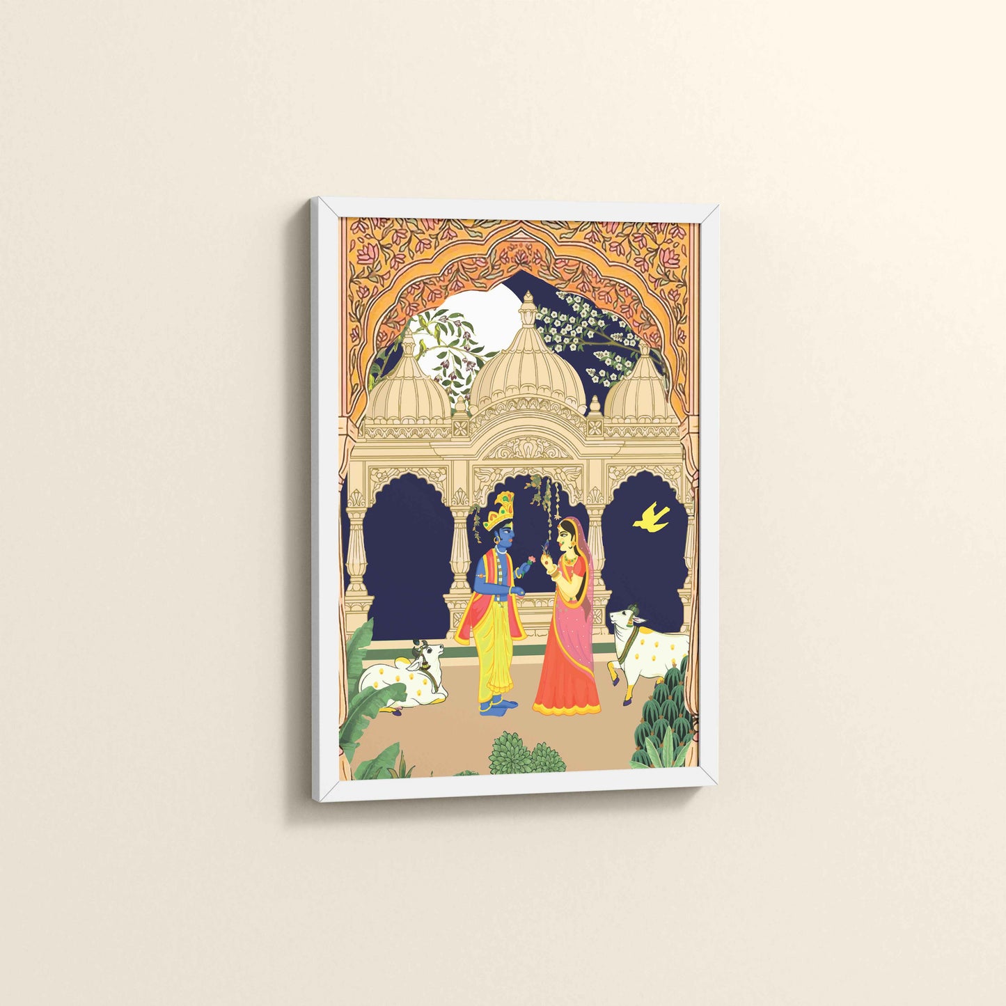 Side View of Radha Krishna in Royal Courtyard - Madhubani Art Frame in White Color Frame