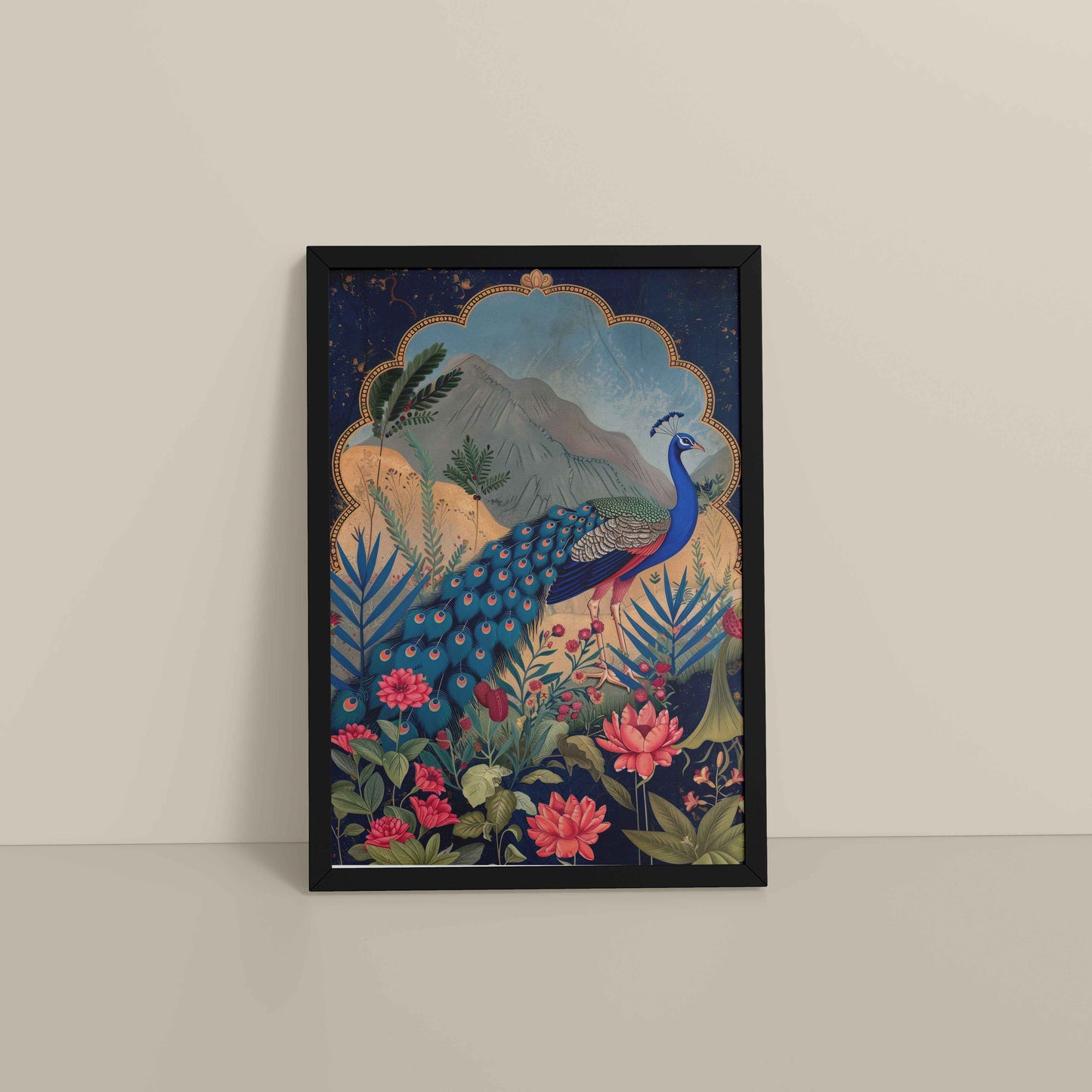 Floor View of Colorful Peacock in Madhubani Style – Nature-Inspired Wall Decor in Black Color Frame