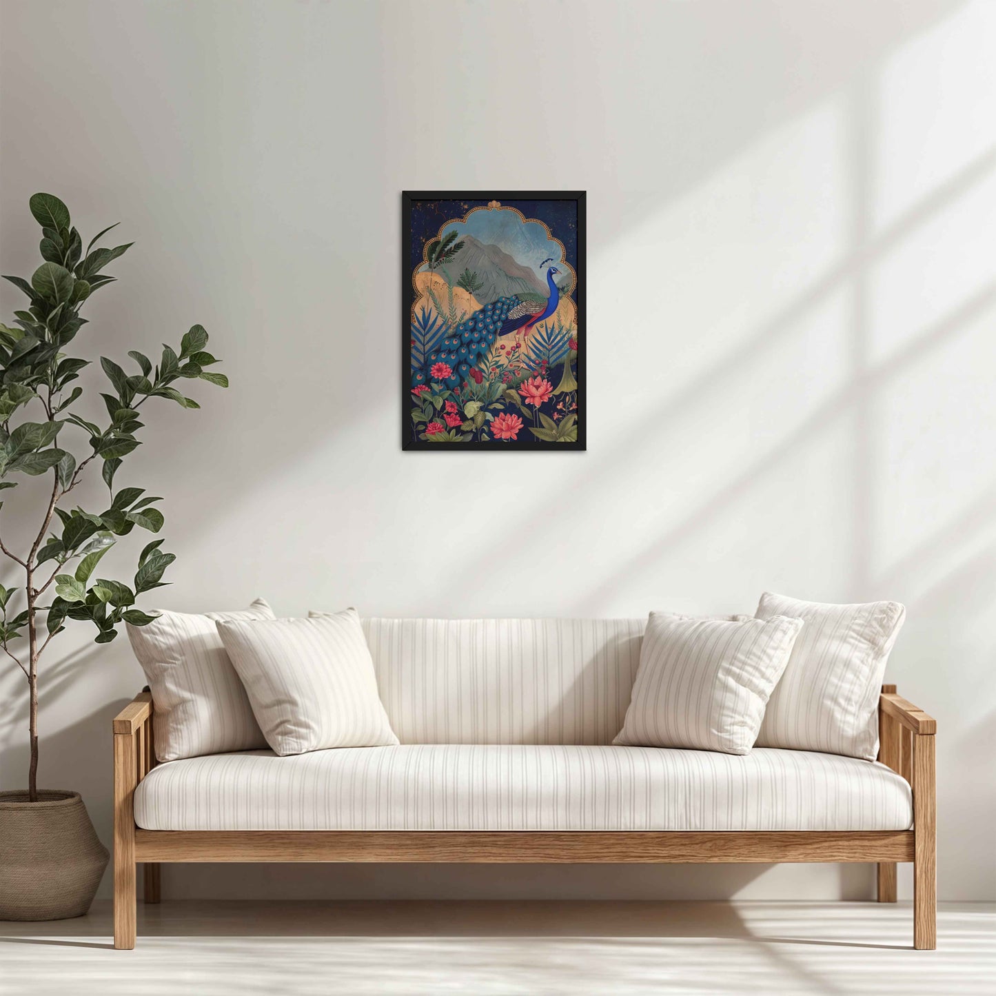 Living Room Cabinet Table Preview of Colorful Peacock in Madhubani Style – Nature-Inspired Wall Decor in Black Color Frame