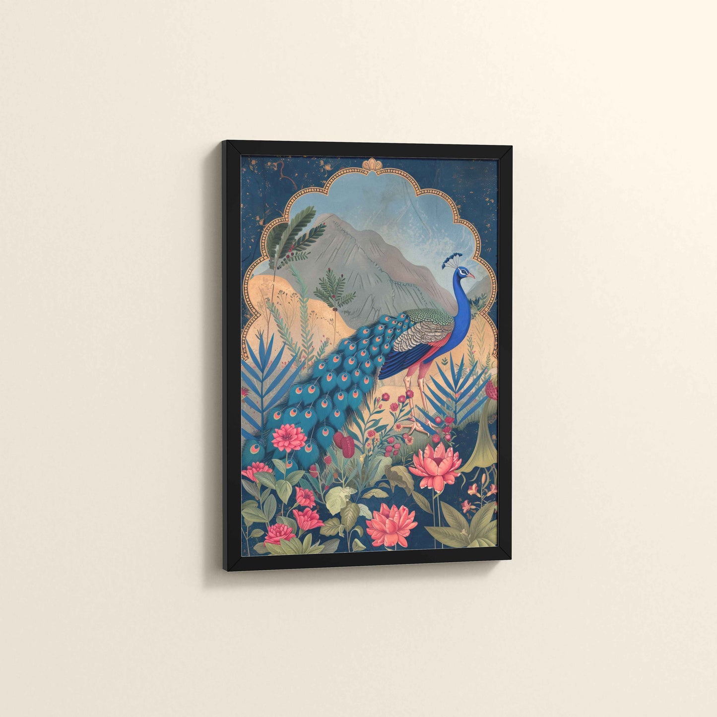 Side View of Colorful Peacock in Madhubani Style – Nature-Inspired Wall Decor in Black Color Frame
