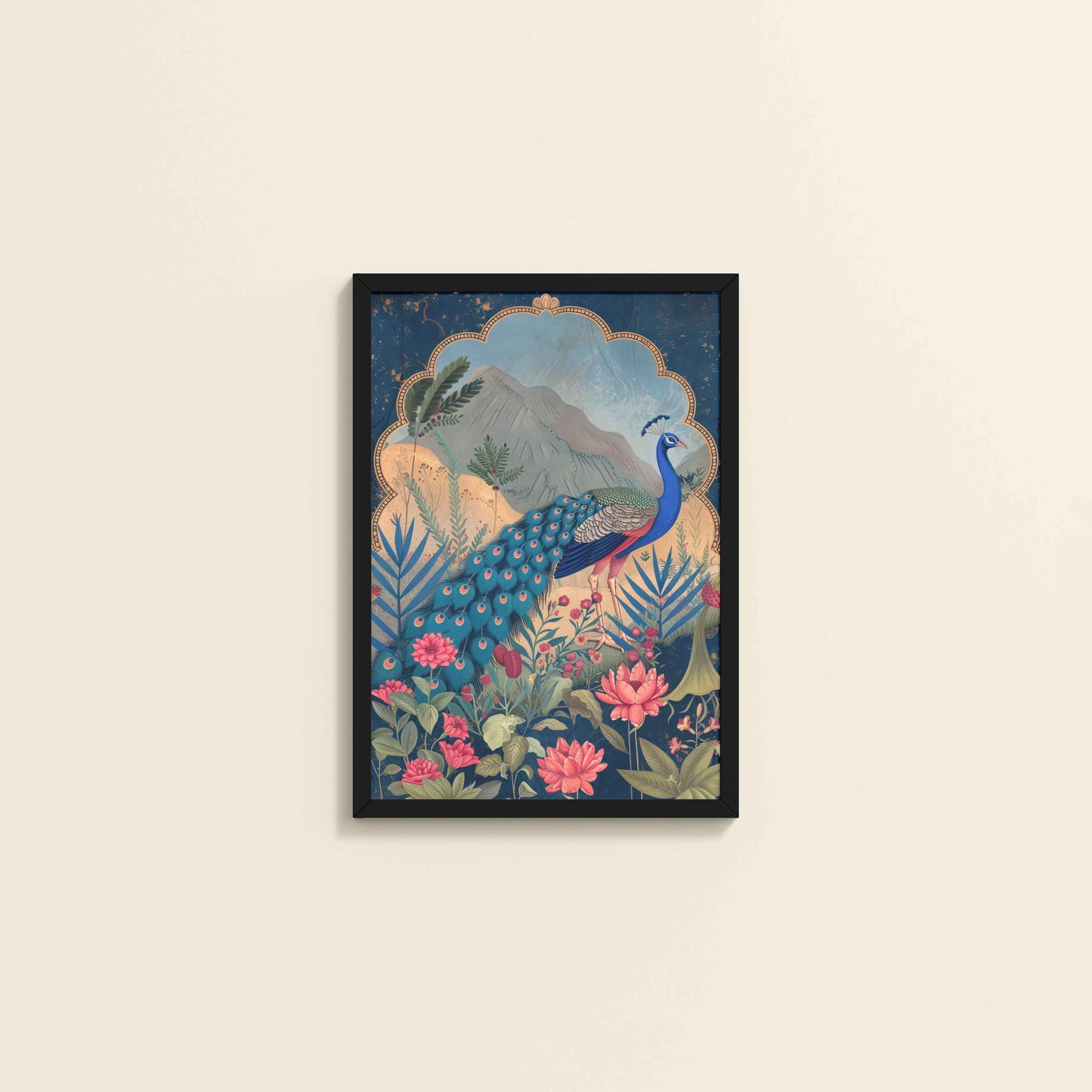 Wall View of Colorful Peacock in Madhubani Style – Nature-Inspired Wall Decor in Black Color Frame