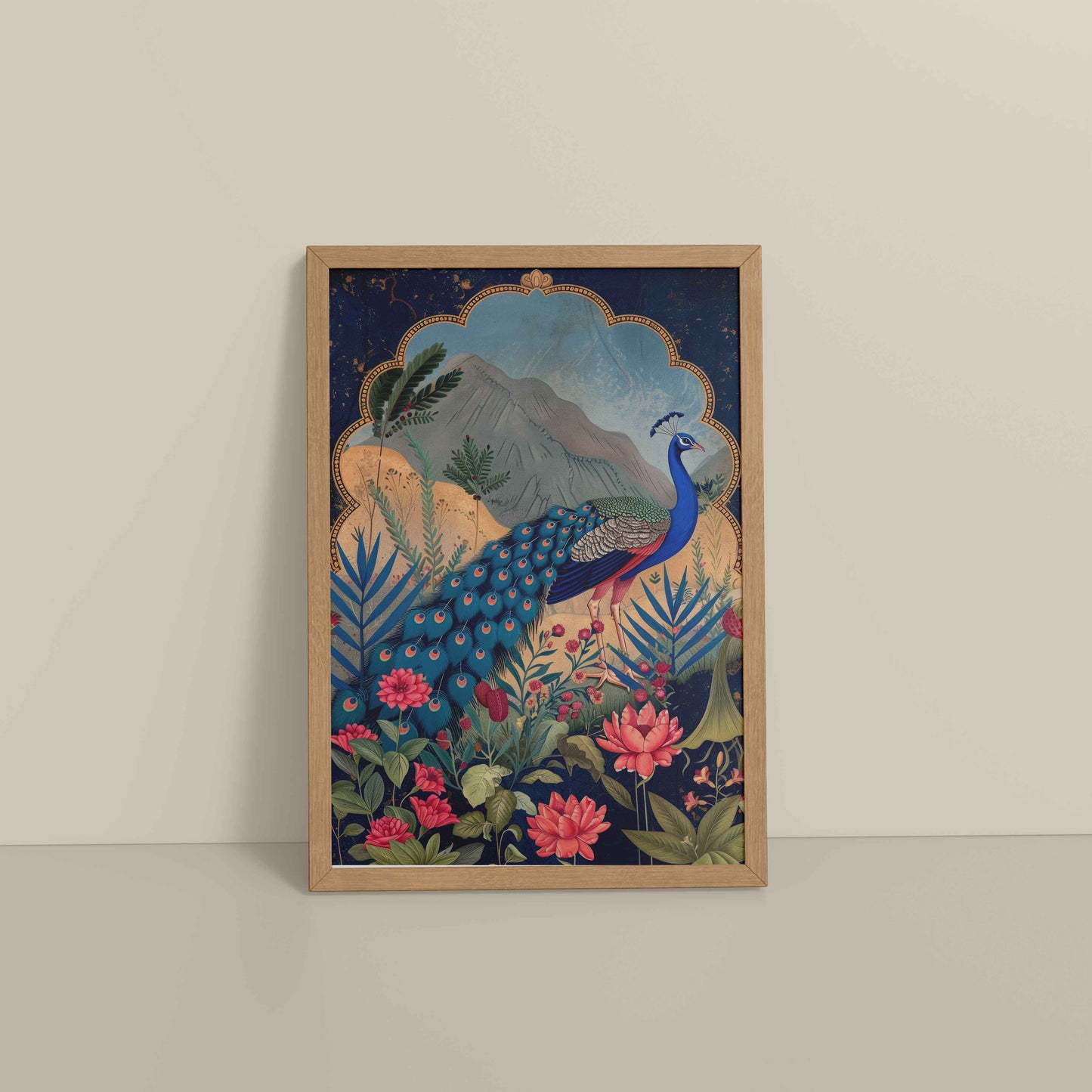 Floor View of Colorful Peacock in Madhubani Style – Nature-Inspired Wall Decor in Natrual Color Frame