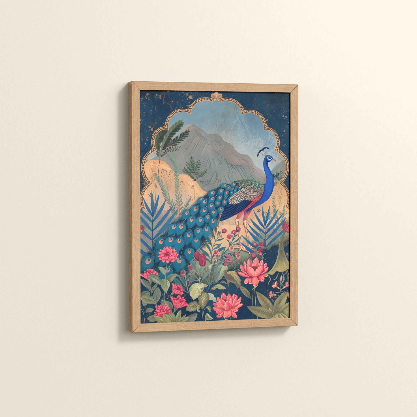 Side View of Colorful Peacock in Madhubani Style – Nature-Inspired Wall Decor in Natrual Color Frame