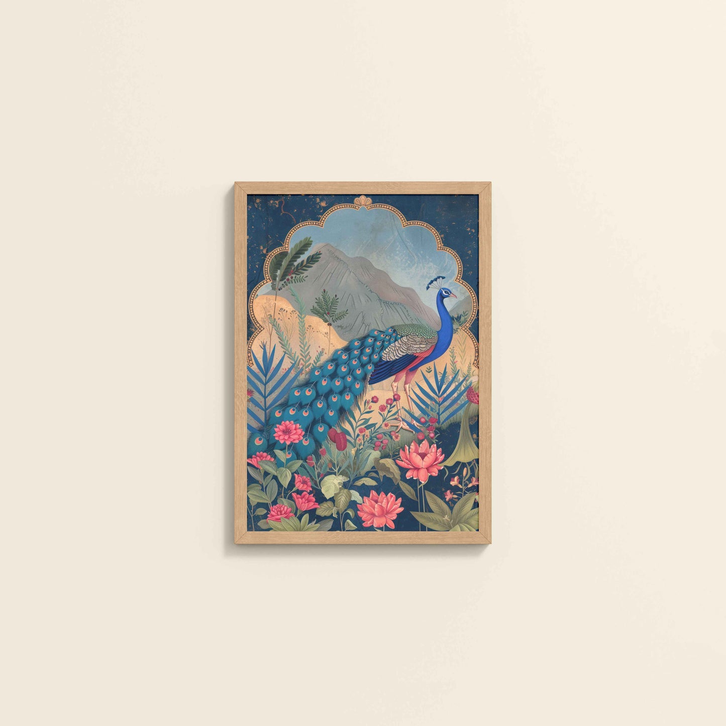 Wall View of Colorful Peacock in Madhubani Style – Nature-Inspired Wall Decor in Natrual Color Frame