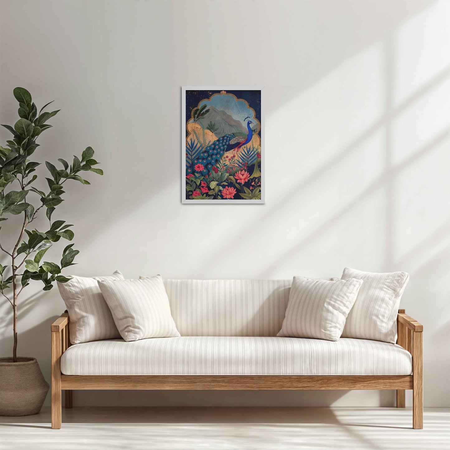 Living Room Cabinet Table Preview of Colorful Peacock in Madhubani Style – Nature-Inspired Wall Decor in White Color Frame