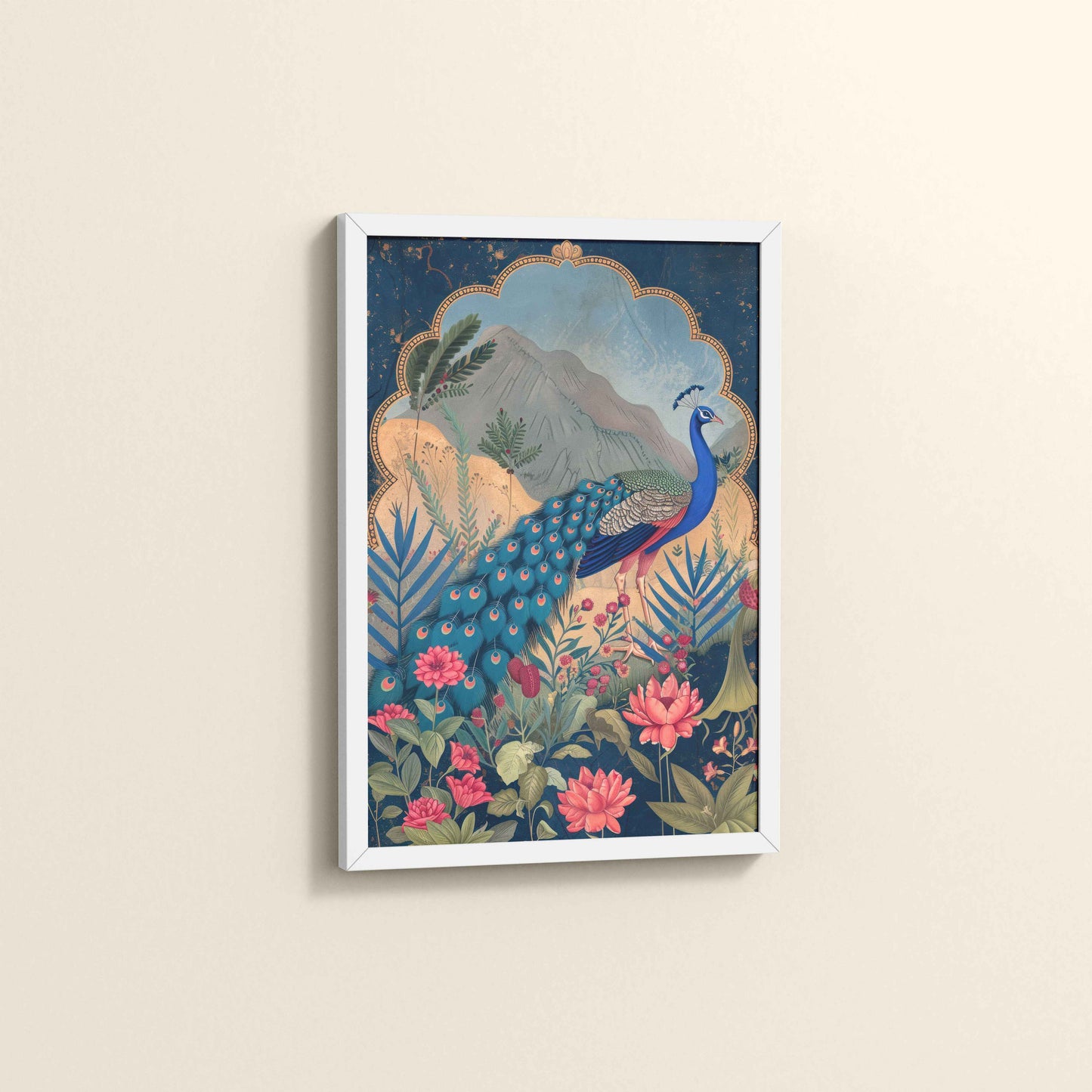 Side View of Colorful Peacock in Madhubani Style – Nature-Inspired Wall Decor in White Color Frame