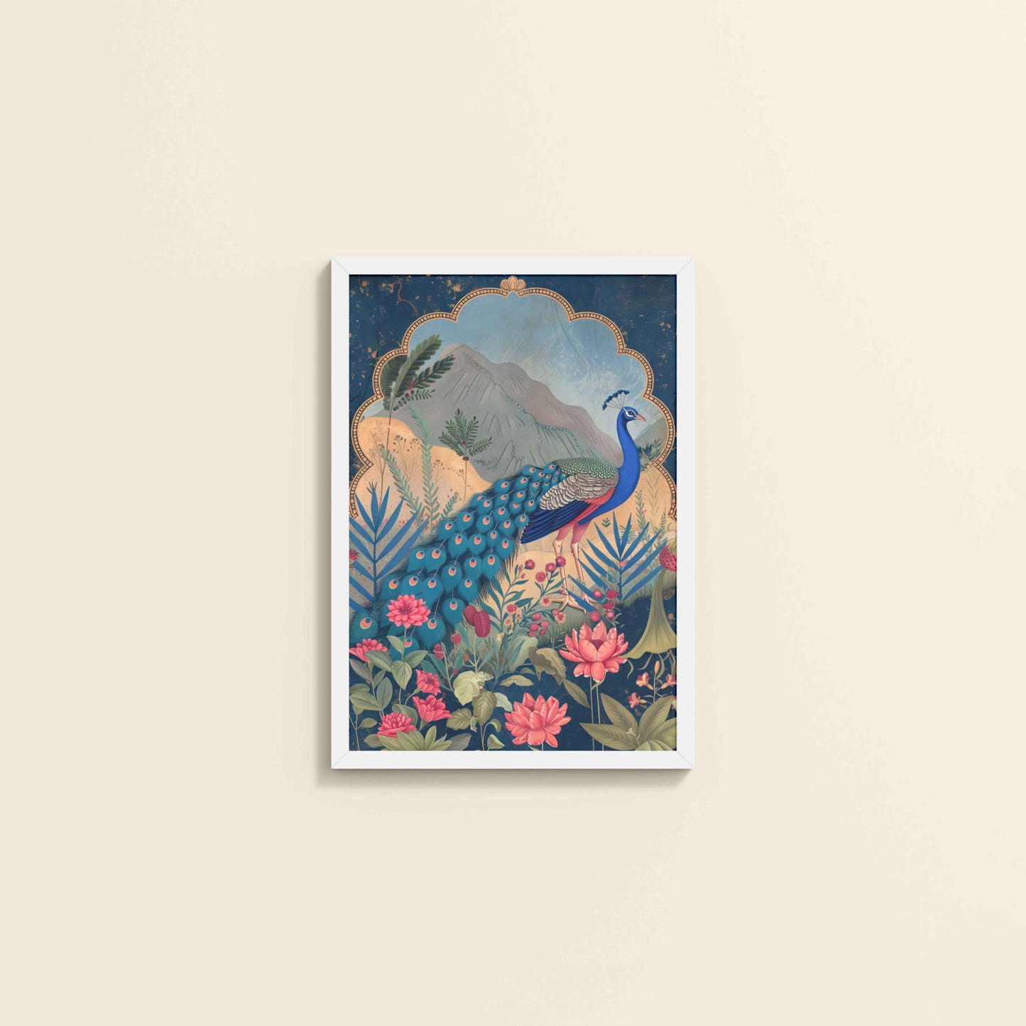 Wall View of Colorful Peacock in Madhubani Style – Nature-Inspired Wall Decor in White Color Frame