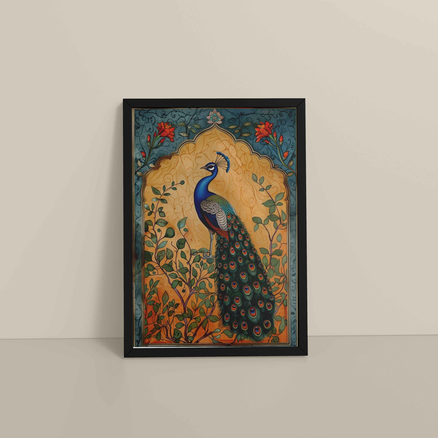 Floor View of Graceful Peacock on Tree – Traditional Madhubani Wall Art Frame in Black Color Frame