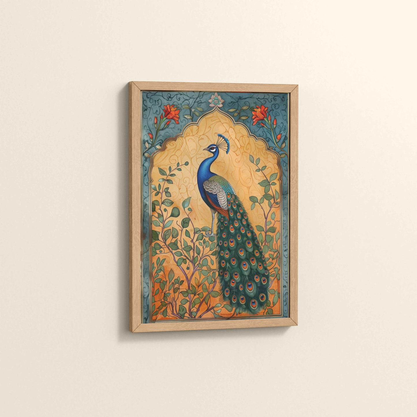 Side View of Graceful Peacock on Tree – Traditional Madhubani Wall Art Frame in Natrual Color Frame