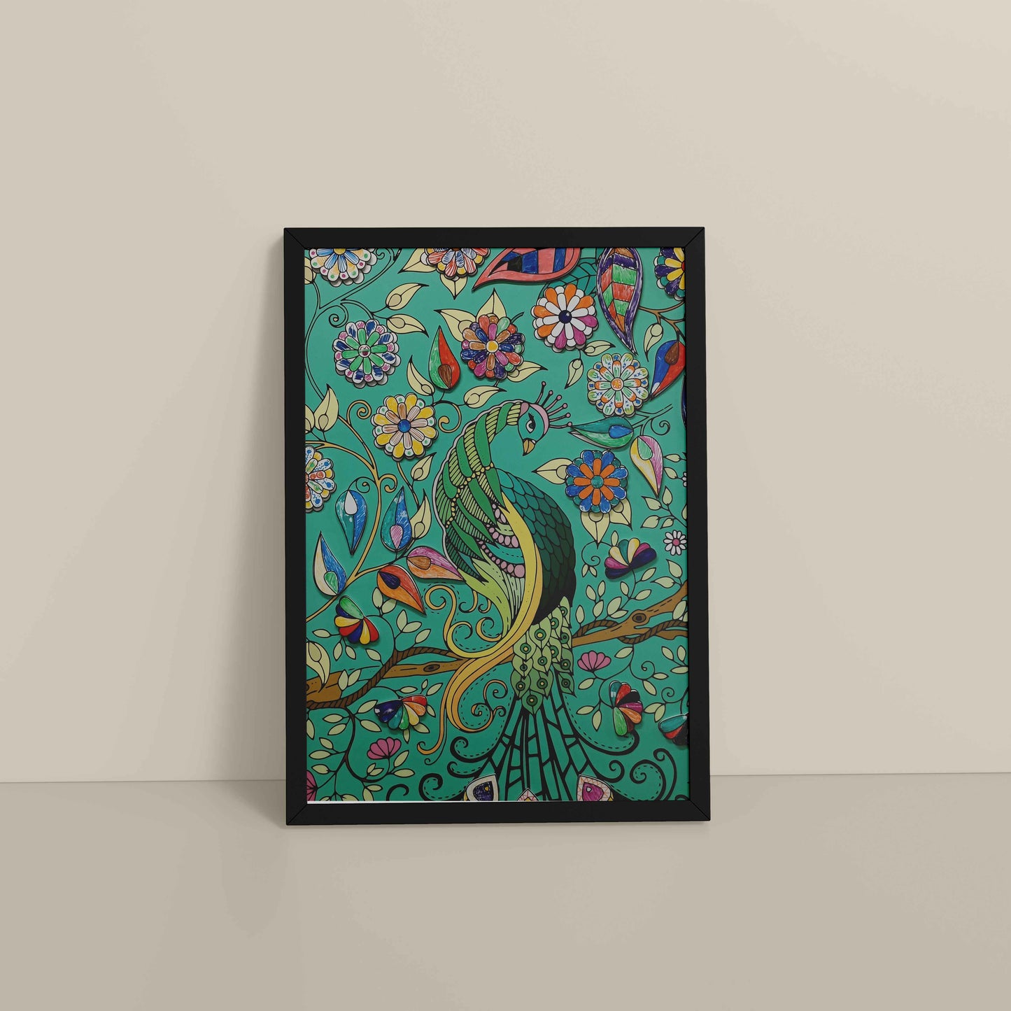 Floor View of Peacock in Bloom – Madhubani Style Wall Art & Decor in Black Color Frame