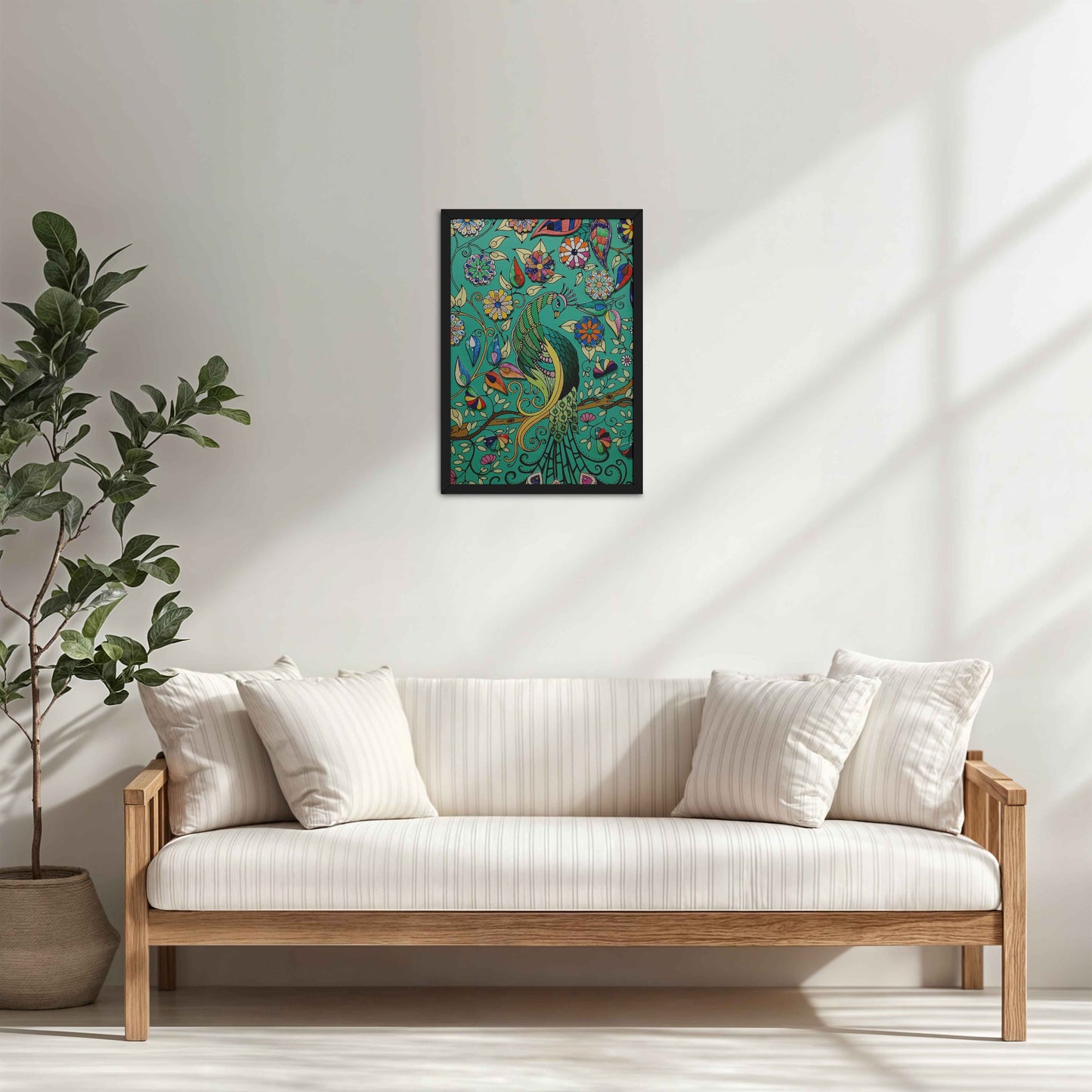 Living Room Cabinet Table Preview of Peacock in Bloom – Madhubani Style Wall Art & Decor in Black Color Frame
