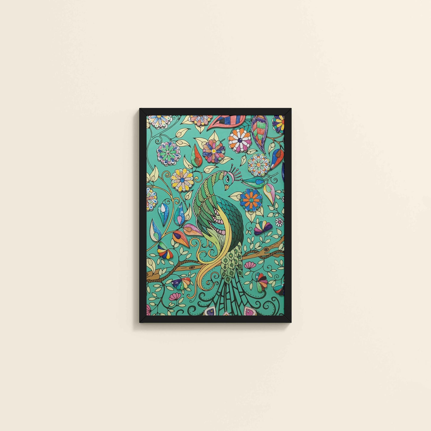 Wall View of Peacock in Bloom – Madhubani Style Wall Art & Decor in Black Color Frame