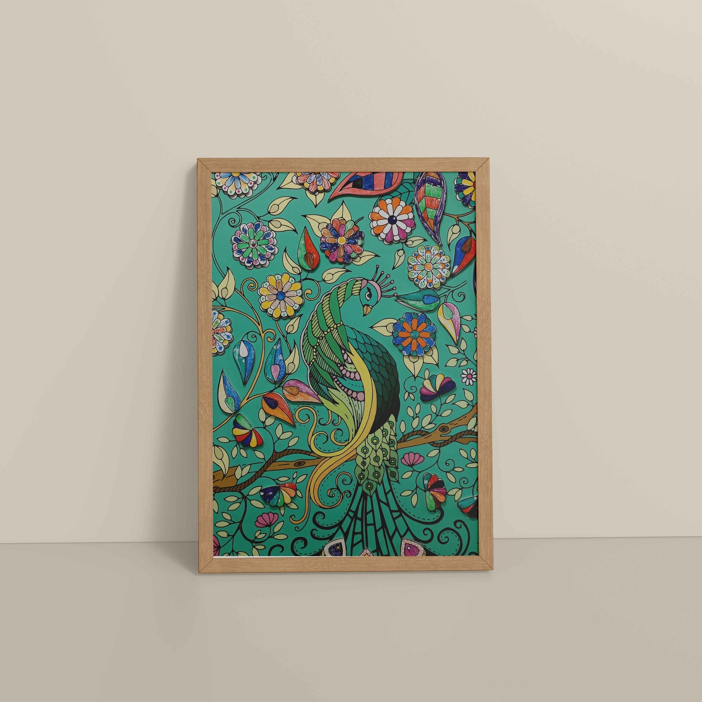 Floor View of Peacock in Bloom – Madhubani Style Wall Art & Decor in Natrual Color Frame