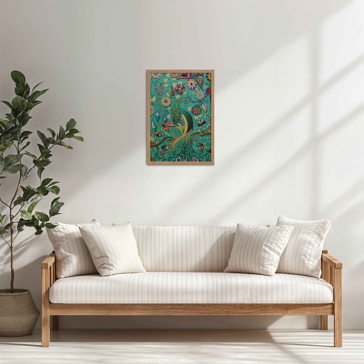 Living Room Cabinet Table Preview of Peacock in Bloom – Madhubani Style Wall Art & Decor in Natrual Color Frame