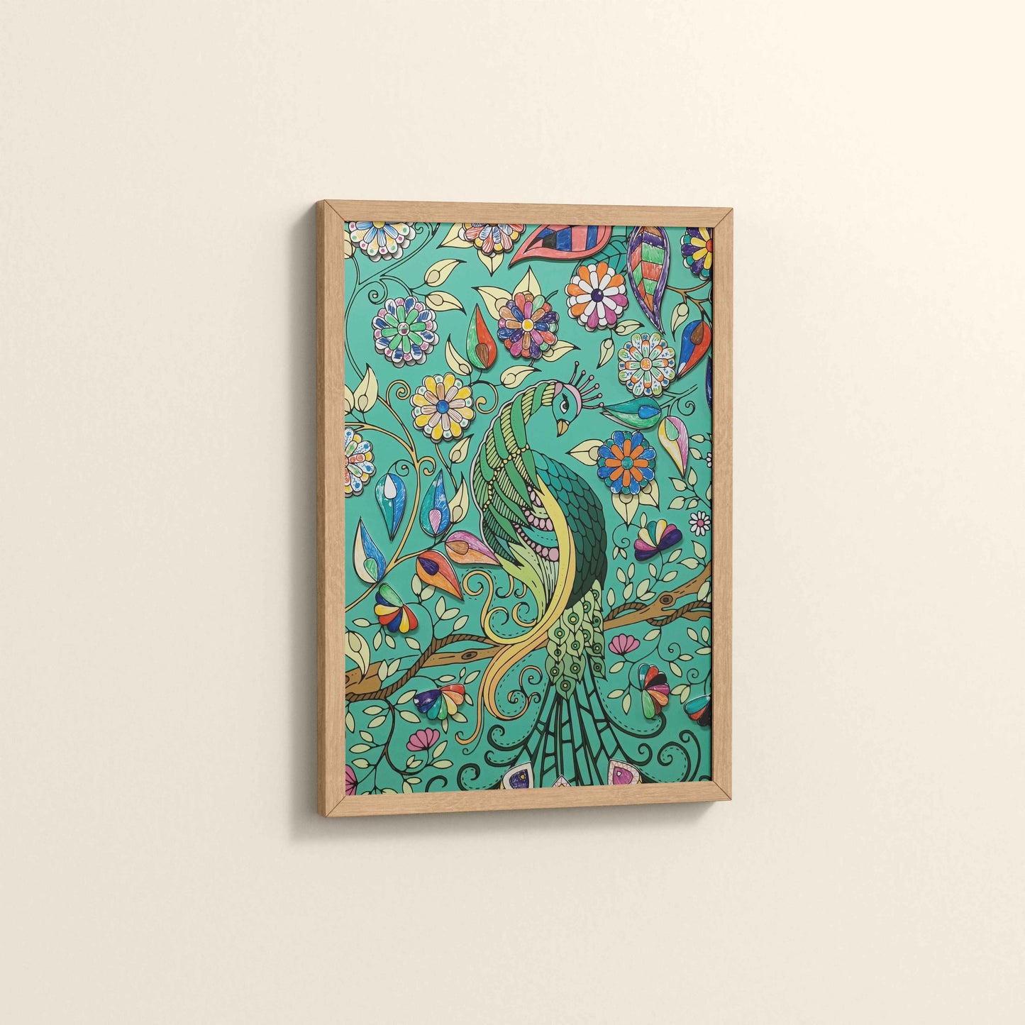 Side View of Peacock in Bloom – Madhubani Style Wall Art & Decor in Natrual Color Frame