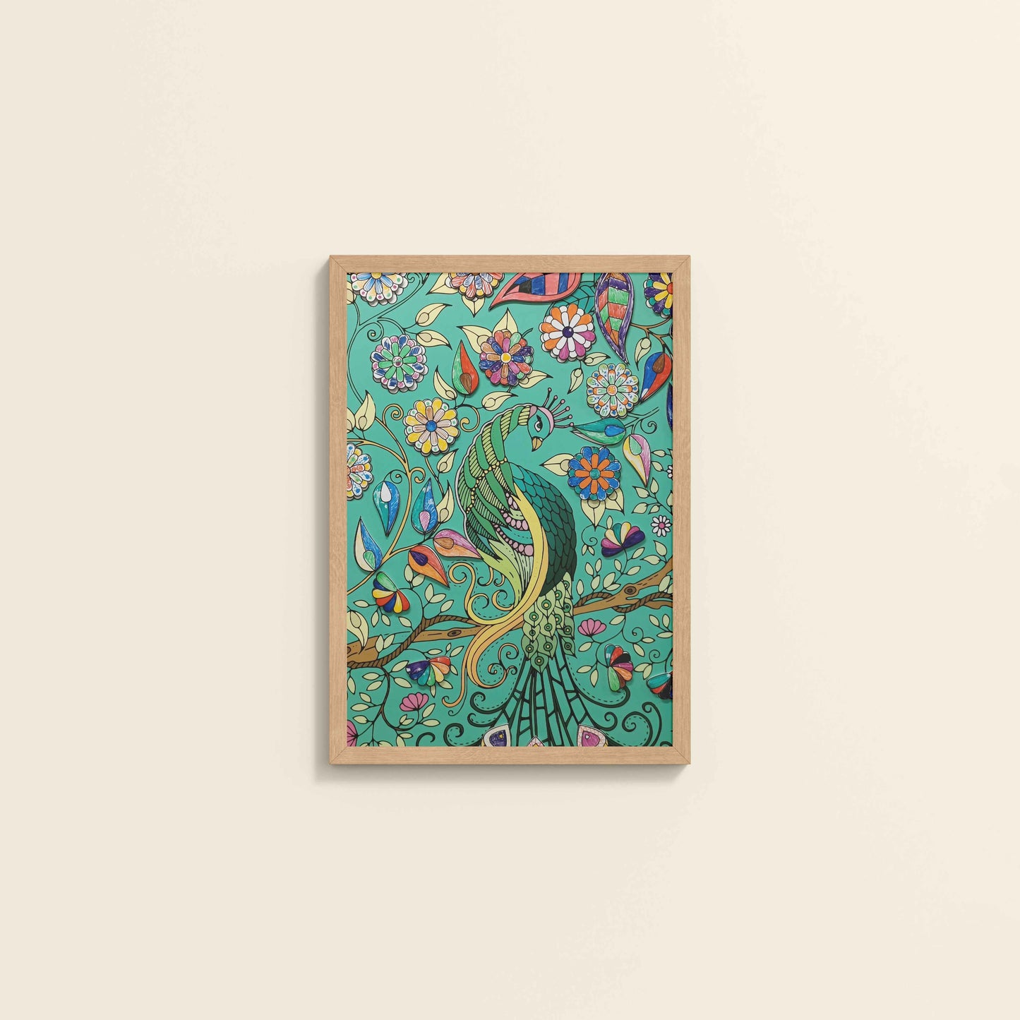 Wall View of Peacock in Bloom – Madhubani Style Wall Art & Decor in Natrual Color Frame