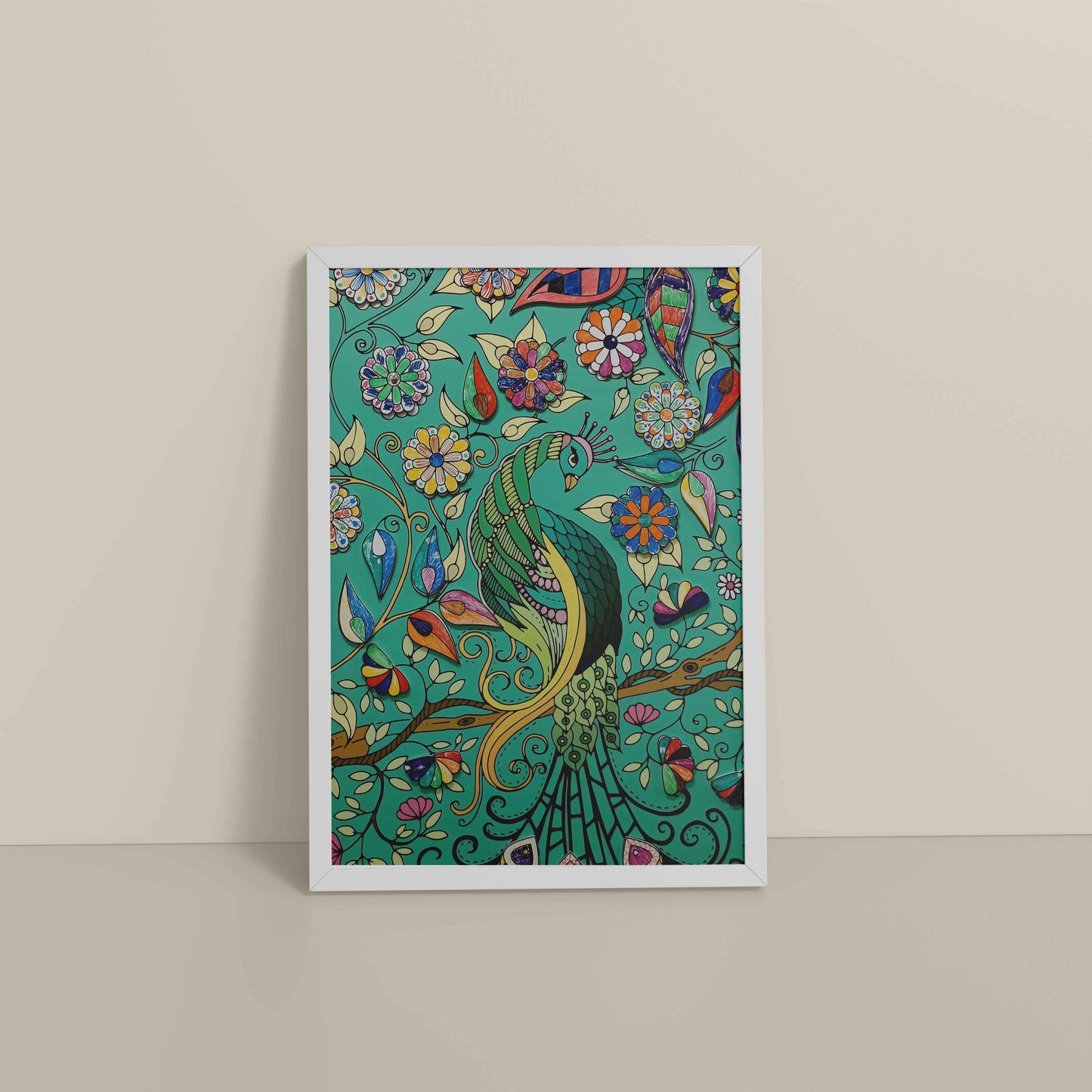 Floor View of Peacock in Bloom – Madhubani Style Wall Art & Decor in White Color Frame