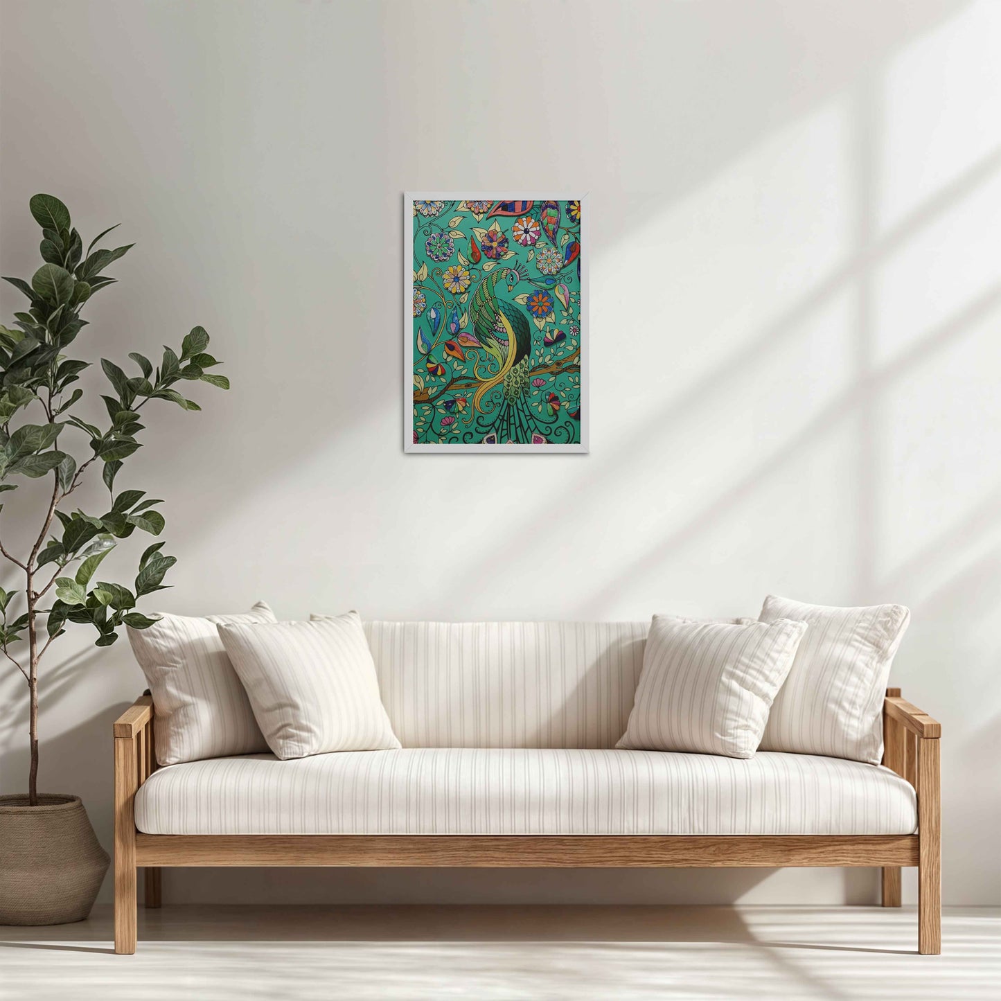 Living Room Cabinet Table Preview of Peacock in Bloom – Madhubani Style Wall Art & Decor in White Color Frame