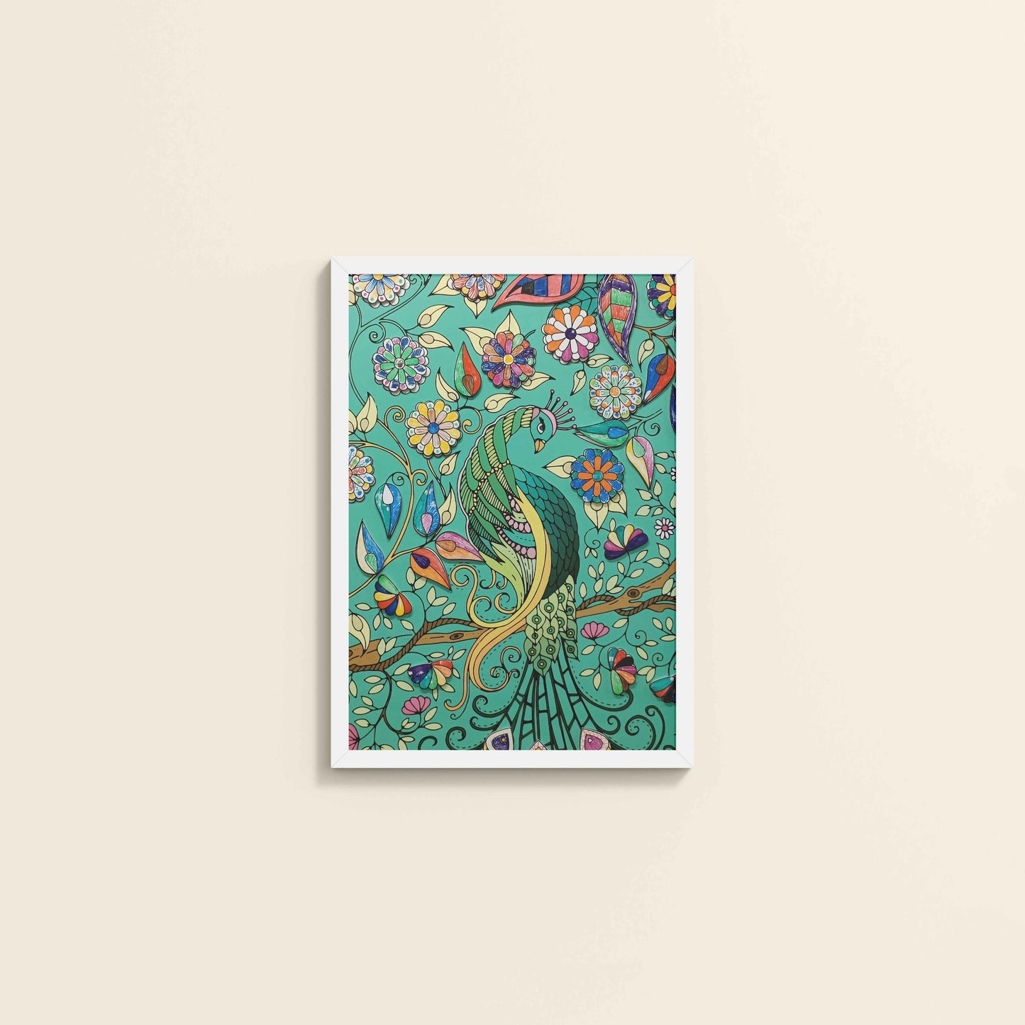 Wall View of Peacock in Bloom – Madhubani Style Wall Art & Decor in White Color Frame
