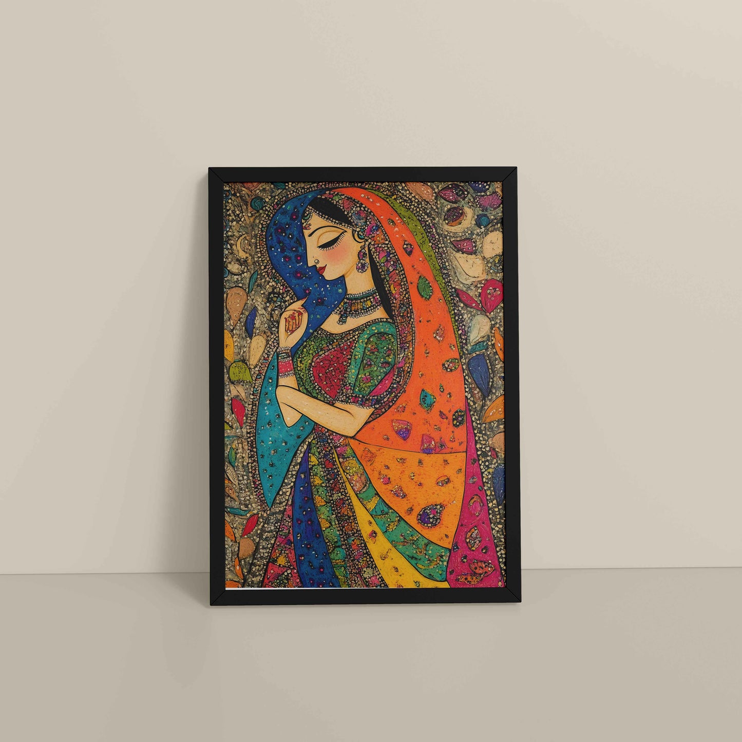 Floor View of Traditional Indian Woman – Madhubani Style Artwork in Black Color Frame