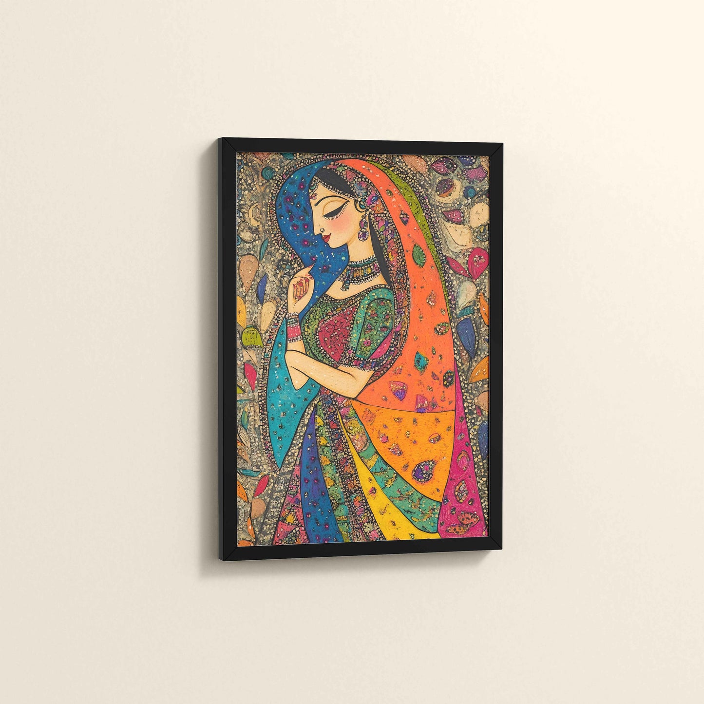 Side View of Traditional Indian Woman – Madhubani Style Artwork in Black Color Frame