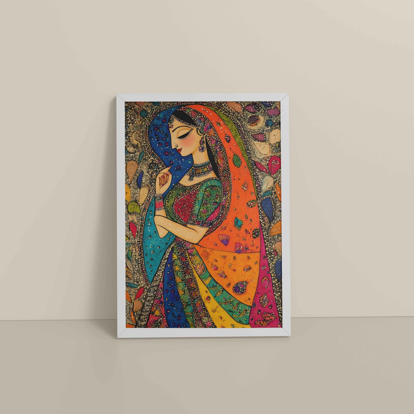 Floor View of Traditional Indian Woman – Madhubani Style Artwork in White Color Frame