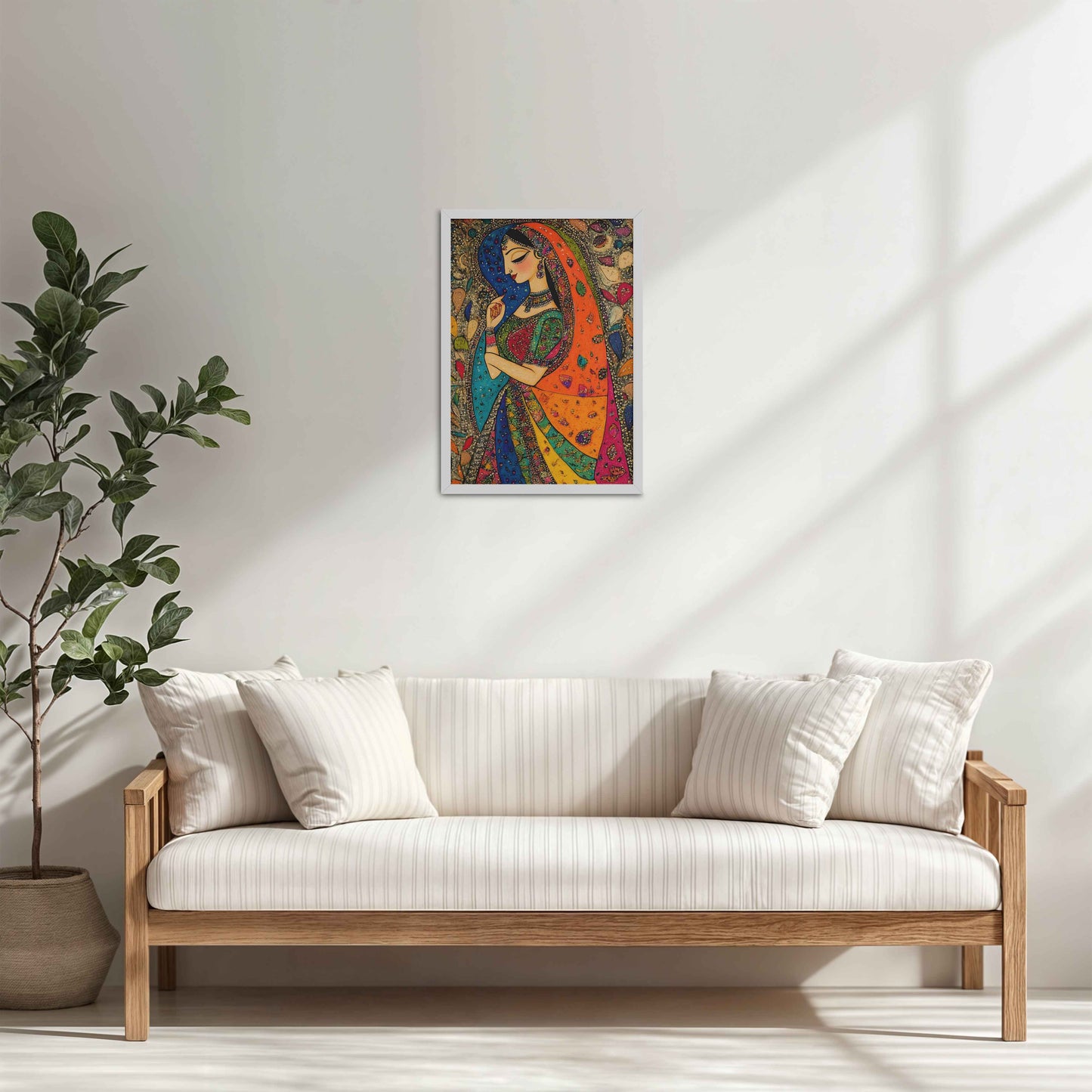 Living Room Cabinet Table Preview of Traditional Indian Woman – Madhubani Style Artwork in White Color Frame