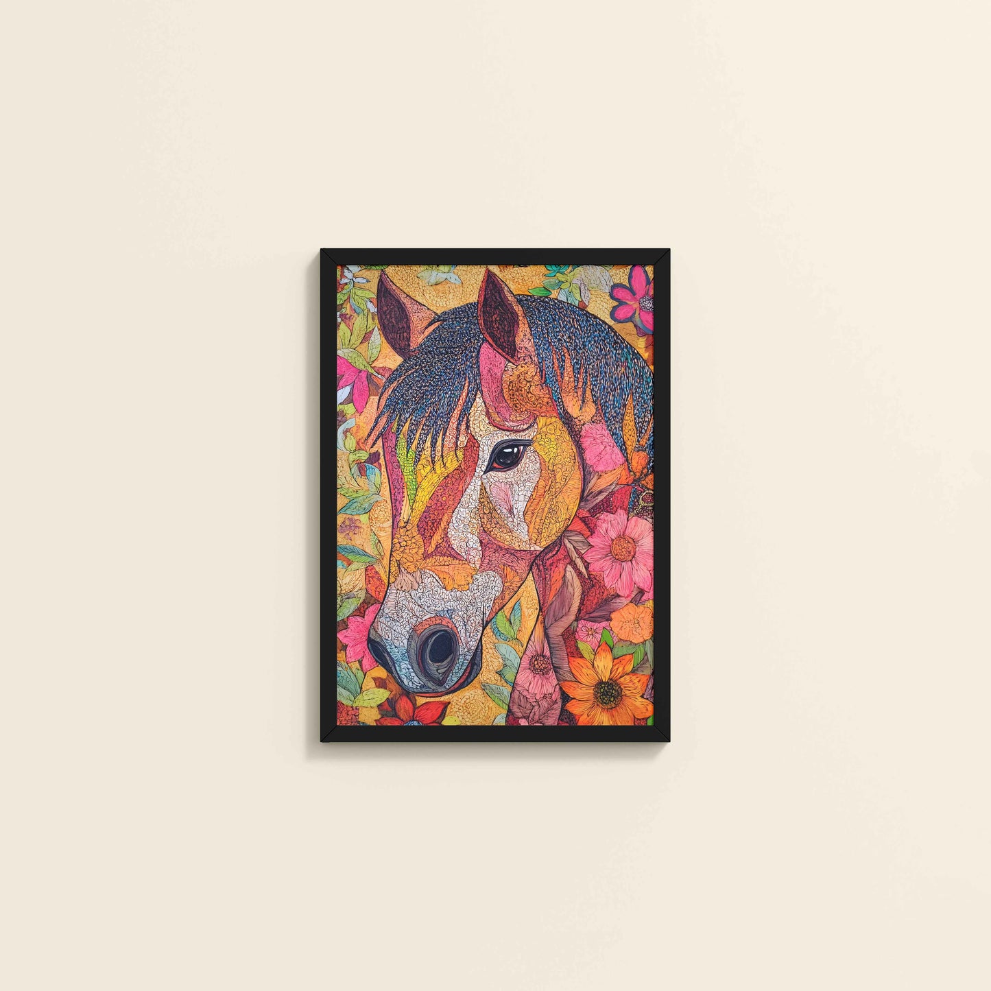 Wall View of Majestic Horse – Traditional Madhubani Art Painting in Black Color Frame