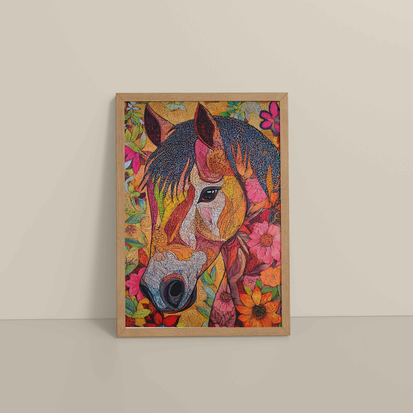 Floor View of Majestic Horse – Traditional Madhubani Art Painting in Natrual Color Frame