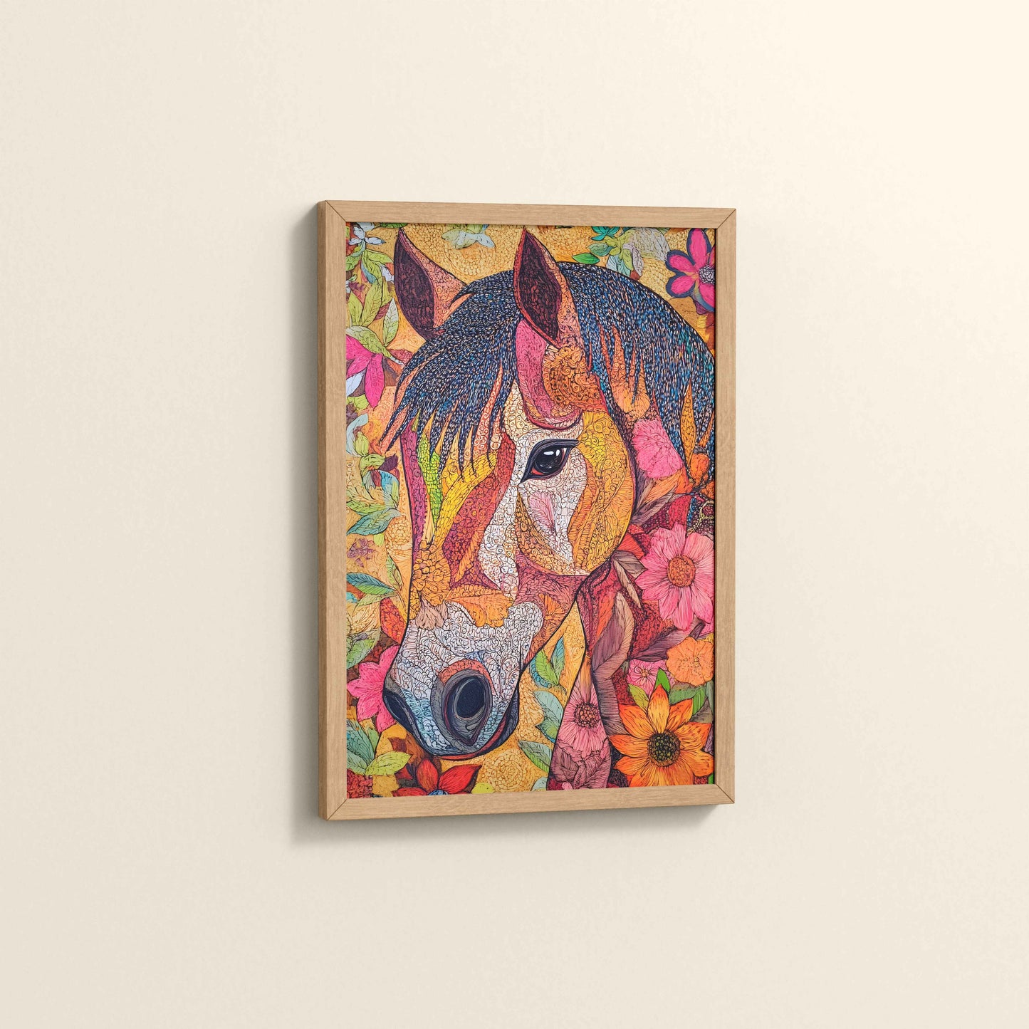 Side View of Majestic Horse – Traditional Madhubani Art Painting in Natrual Color Frame