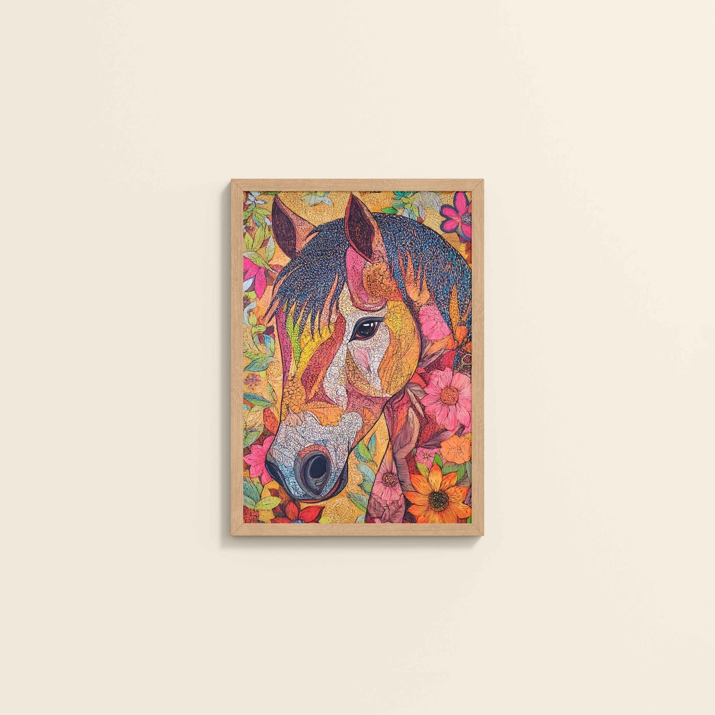 Wall View of Majestic Horse – Traditional Madhubani Art Painting in Natrual Color Frame