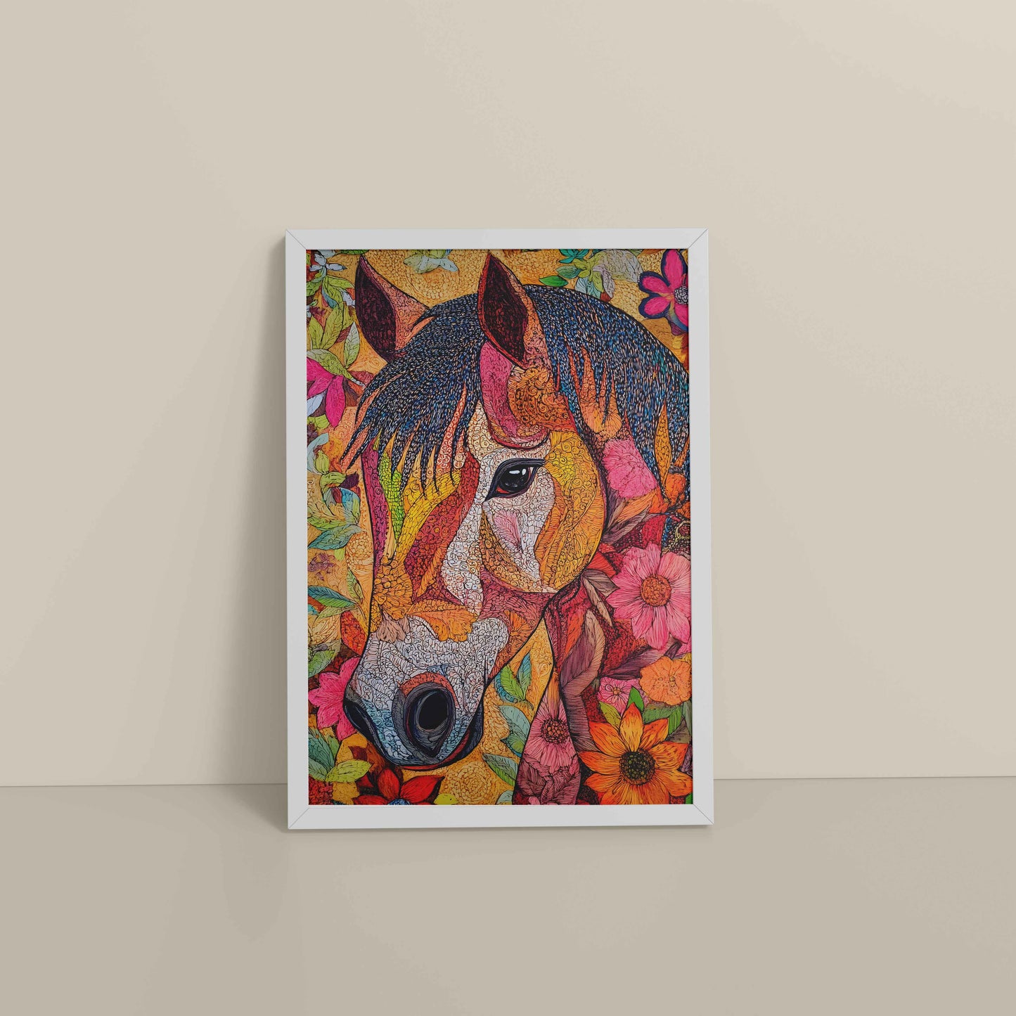 Floor View of Majestic Horse – Traditional Madhubani Art Painting in White Color Frame